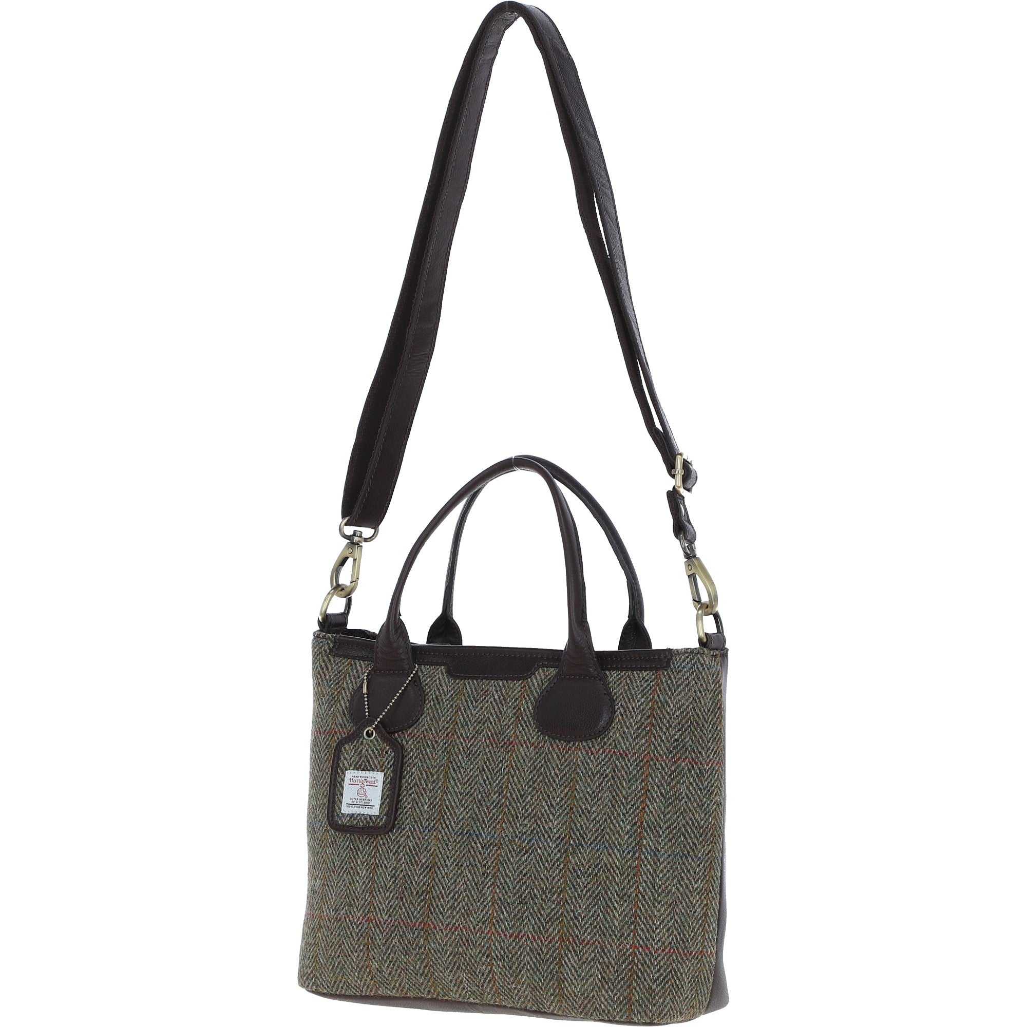 Versatile Ashwood Leather & Harris Tweed® Cloth Shoulder Bag Brown/Green: TW-22-09-BG