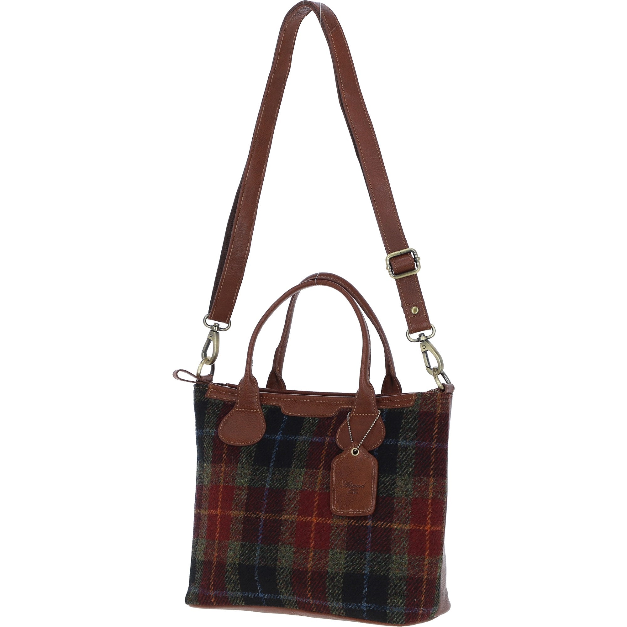 Versatile Ashwood Leather & Harris Tweed® Cloth Shoulder Bag Tan/Green/Red: TW-22-08-TR