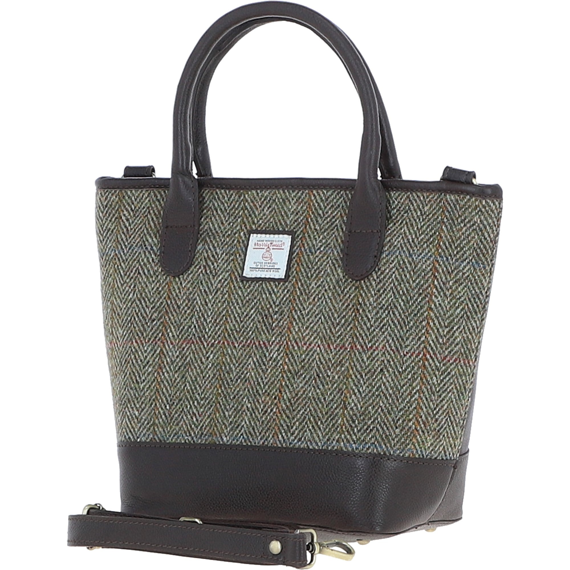 Ashwood Leather & Harris Tweed® Cloth Large Grab Bag Brown/Green: TW-64-09-BG