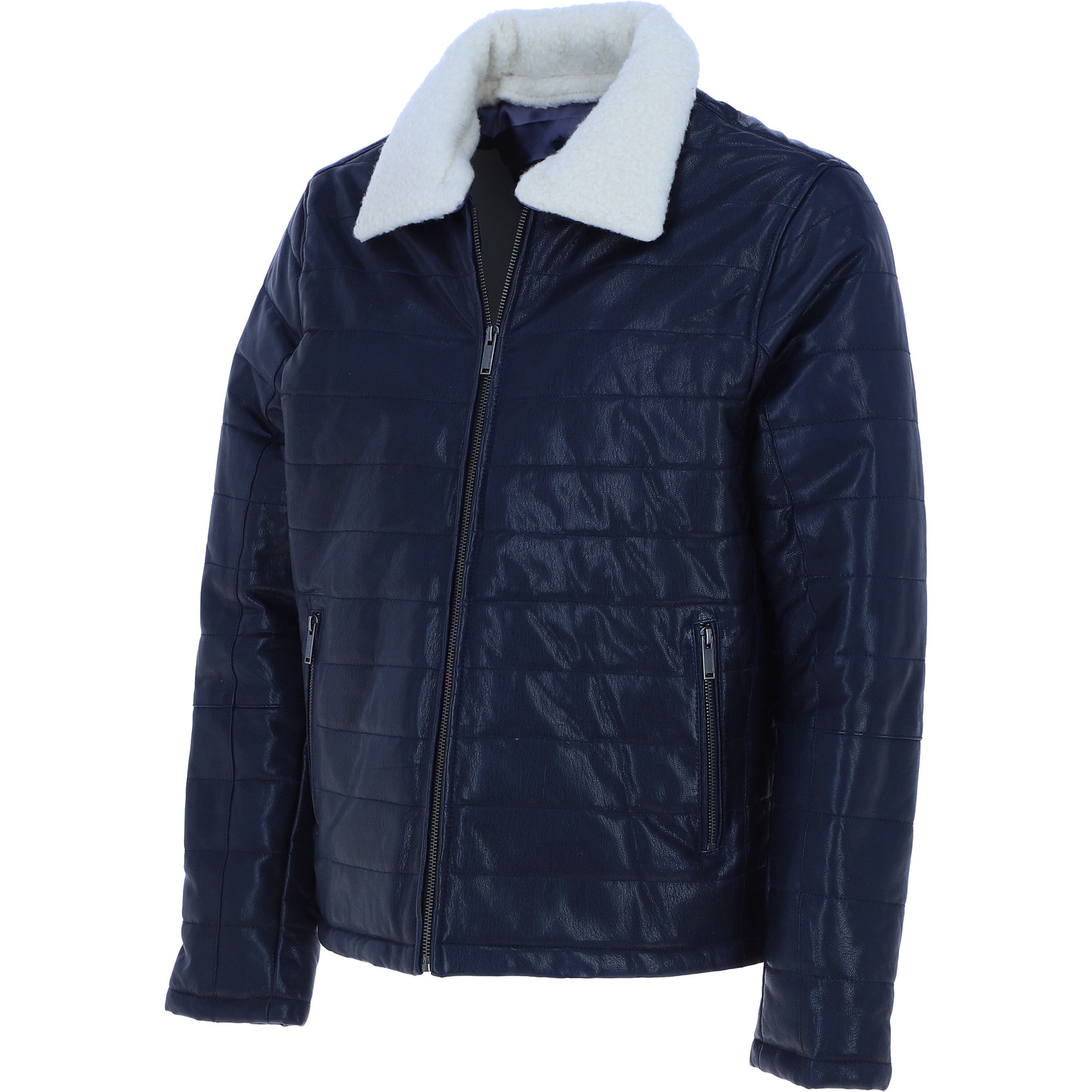 Ashwood Men’s Real Leather Puffer Jacket in Regular Fit with Faux Fur Collar Navy: AWM-Puffer