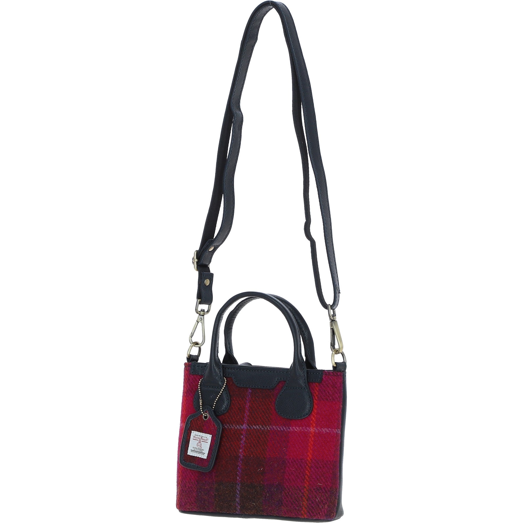 Ashwood Leather & Harris Tweed® Cloth Handbag with Removable Crossbody Strap Navy/Pink: TW-21-06-NP