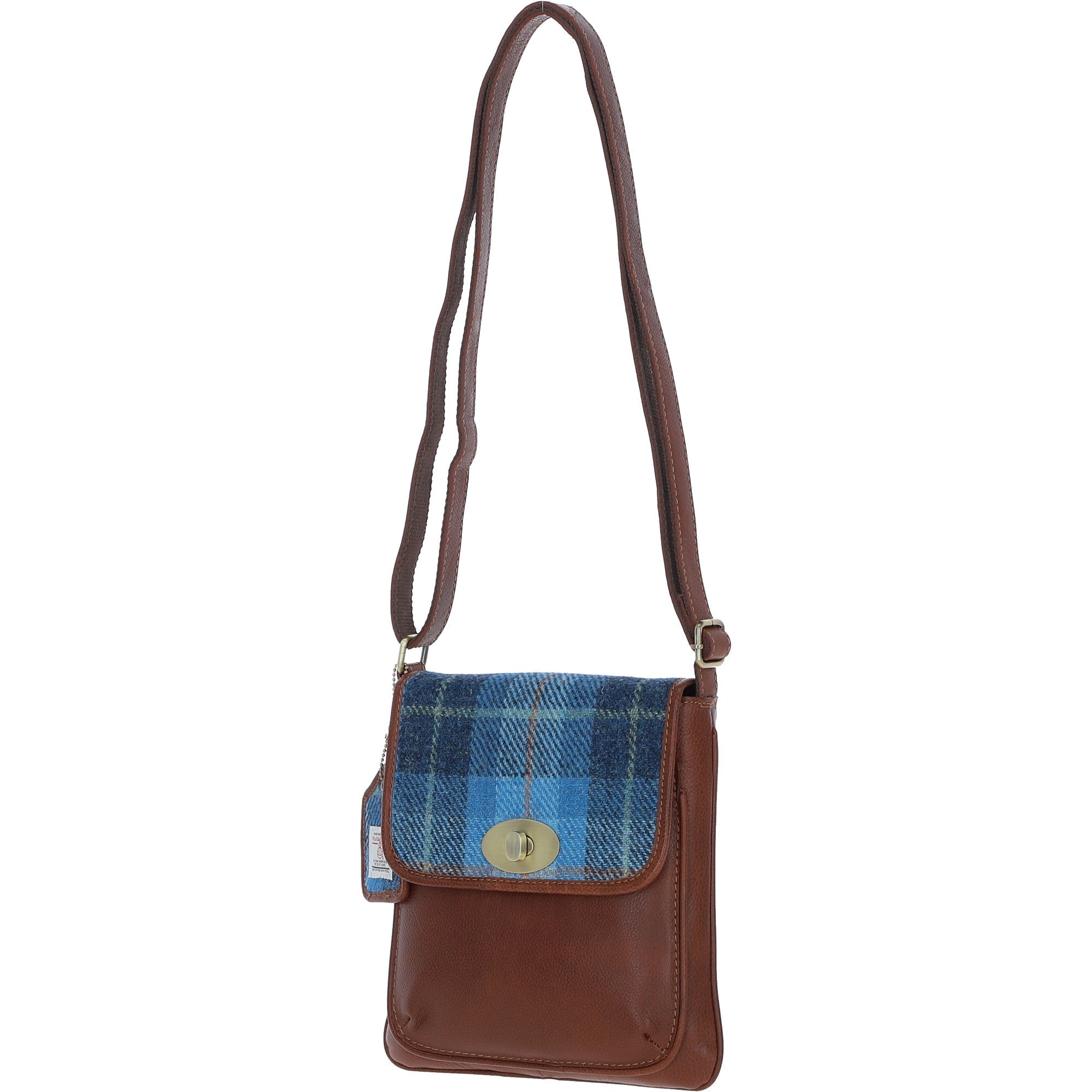 Ashwood Leather & Harris Tweed® Cloth Twist Lock Crossbody Bag Tan/LT Blue: TW-31-05-TB