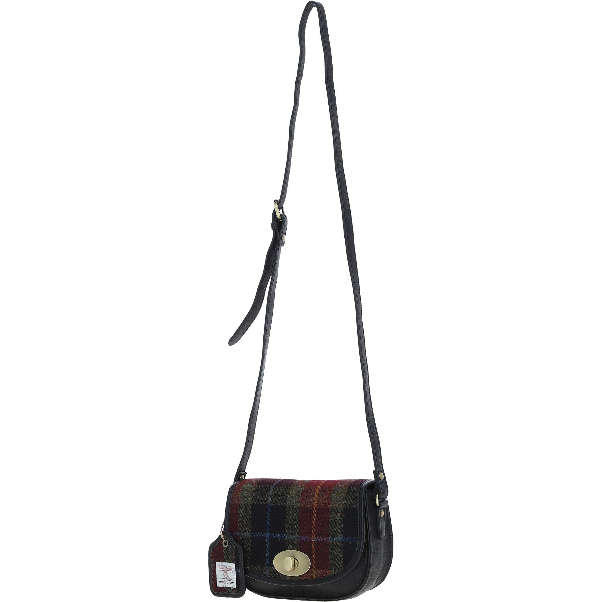 Ashwood Leather & Harris Tweed® Cloth Saddle Crossbody Bag with Twist Lock Black/Green/Red: TW-30-07-BR