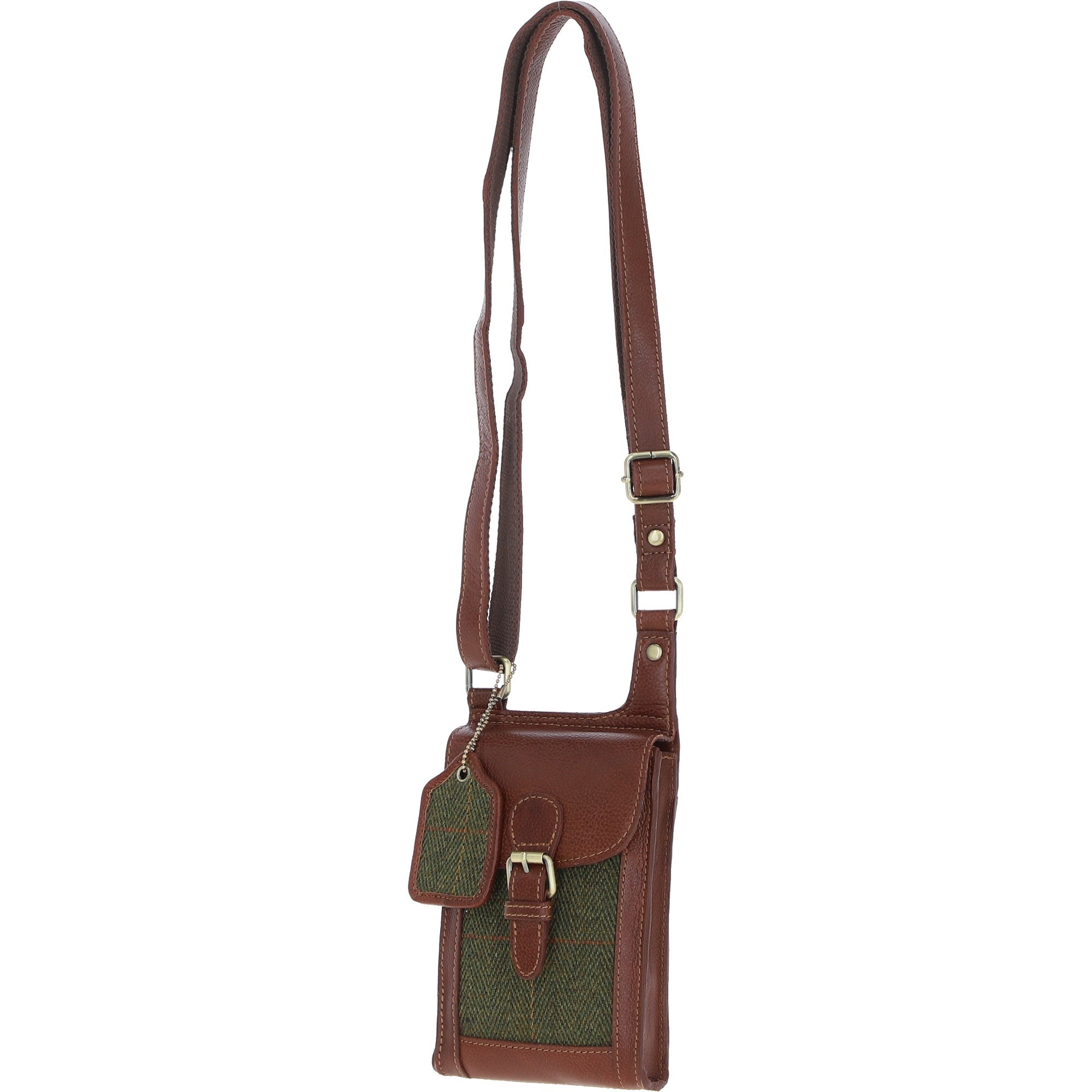 Ashwood Leather & Tweed elegance Crossbody Bag Tan/Green Check: TW-20-010-TGNH