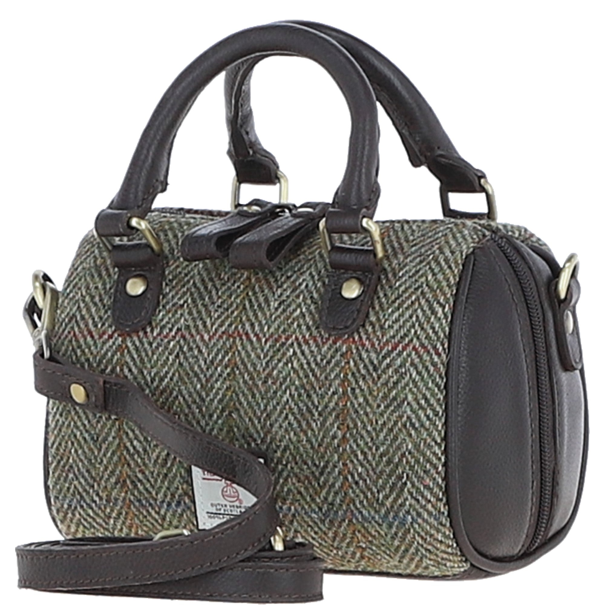 Ashwood Leather & Harris Tweed® Cloth Small Barrel Bag Brown/green: TW-61-09-BG