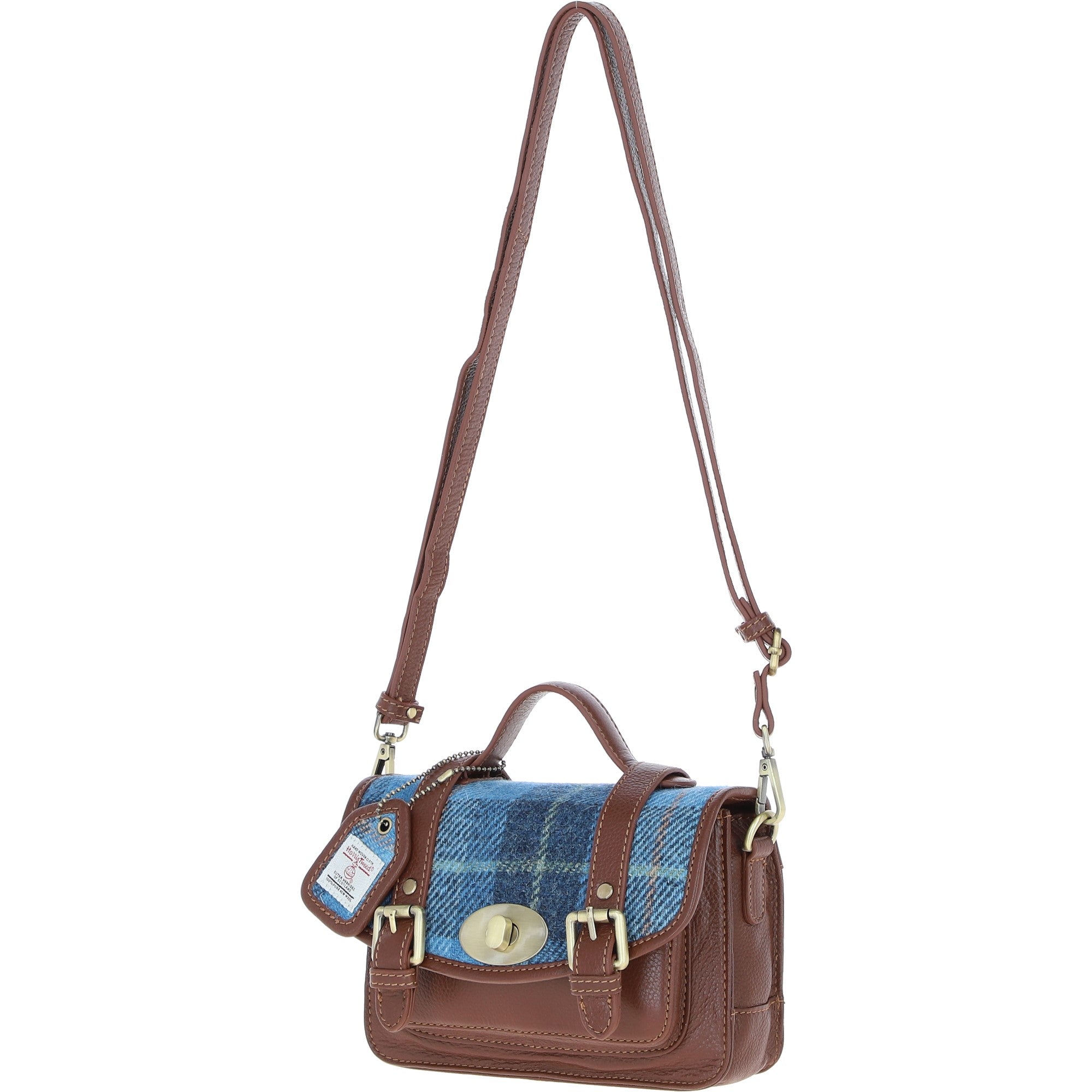 Ashwood Leather & Harris Tweed® Cloth Small Satchel Bag with Twist Lock Tan/LT Blue: TW-33-05-TB