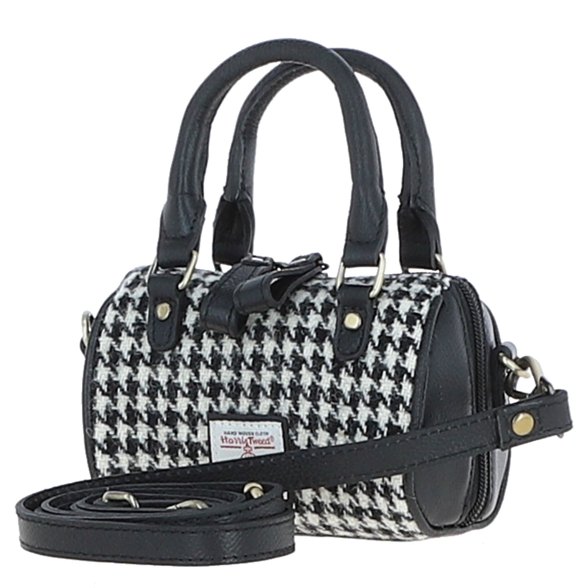 Ashwood Leather & Harris Tweed® Cloth X-Small Barrel Bag Black/White: TW-60-12-BW