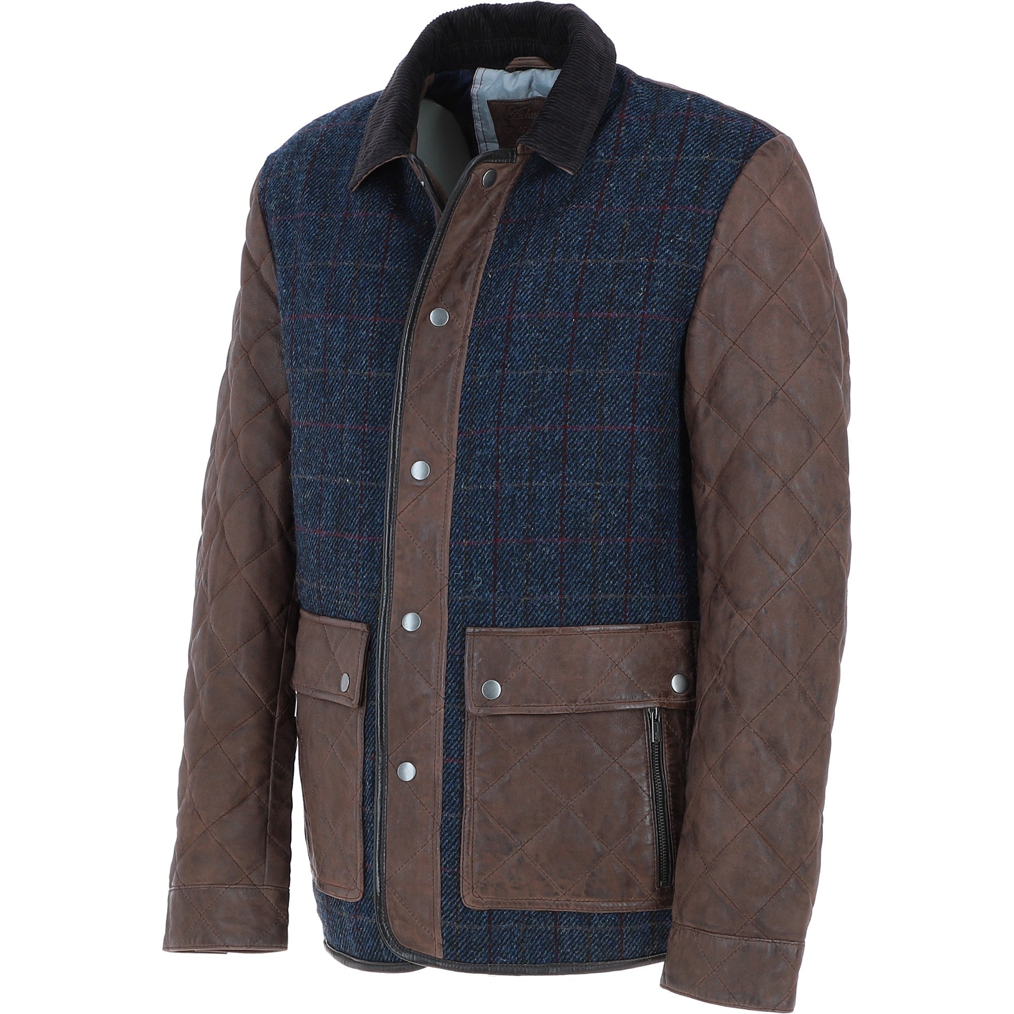 Ashwood Leather x Harris Tweed Men’s Diamond Quilted Stitch Details Casual Jacket Brown/Navy: TW-907-011-BN