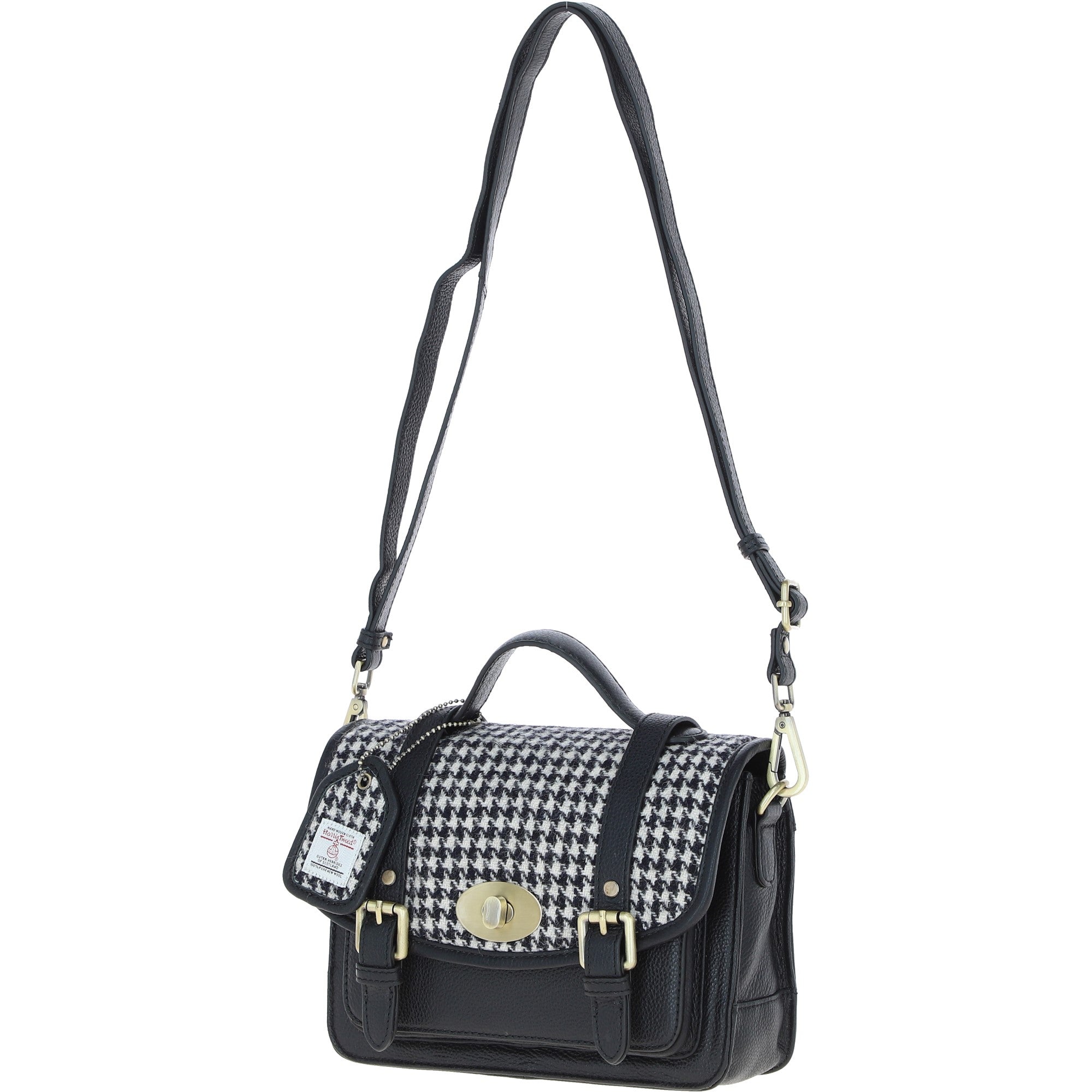 Ashwood Leather & Harris Tweed® Cloth Medium Satchel Bag with Twist Lock Black/White: TW-34-012-BW