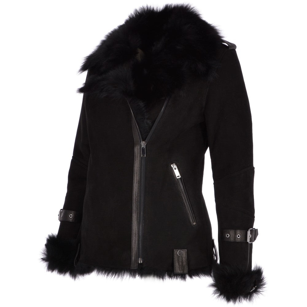 Womens Luxury Side Zip Toscana Suede Sheepskin Pilot Jacket Black: KB-806