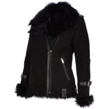 Womens Luxury Side Zip Toscana Suede Sheepskin Pilot Jacket Black: KB-806