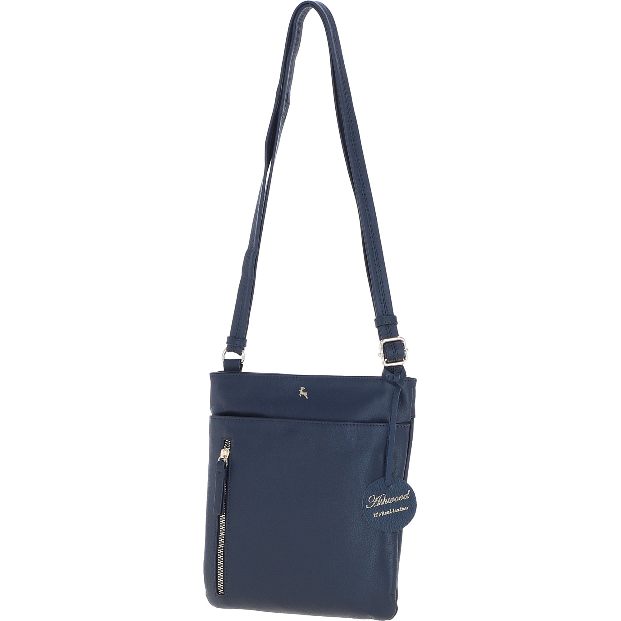 Exquisite Genuine Leather Crossbody Flat Bag with Golden Accents Dark Blue: 64255