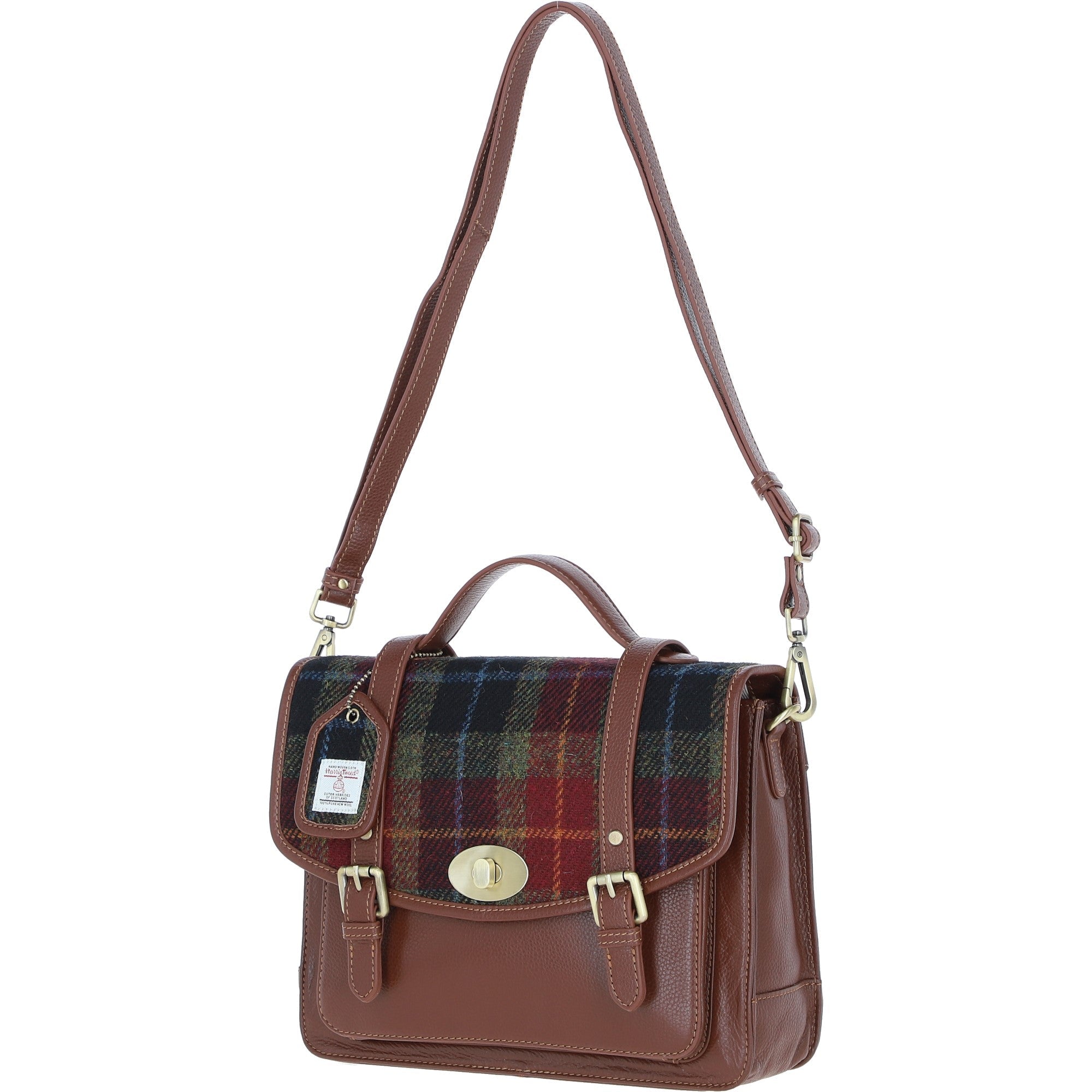Ashwood Leather & Harris Tweed® Cloth Large Satchel Bag with Twist Lock Tan/Green/Red: TW-35-08-TR