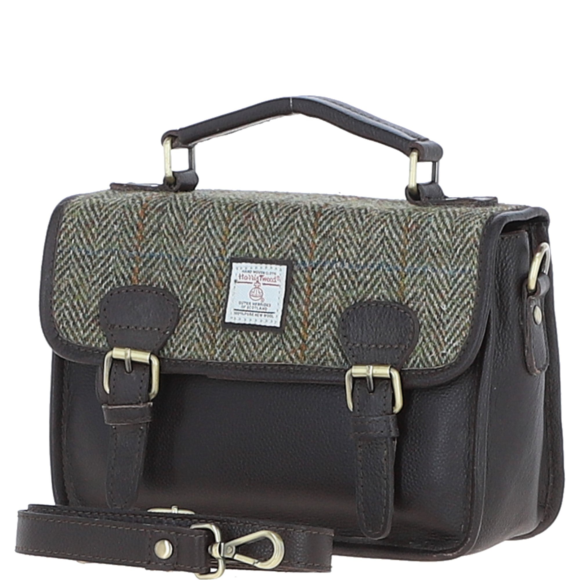 Ashwood Leather & Harris Tweed® Cloth Satchel Bag Brown/Green: TW-68-09-BG