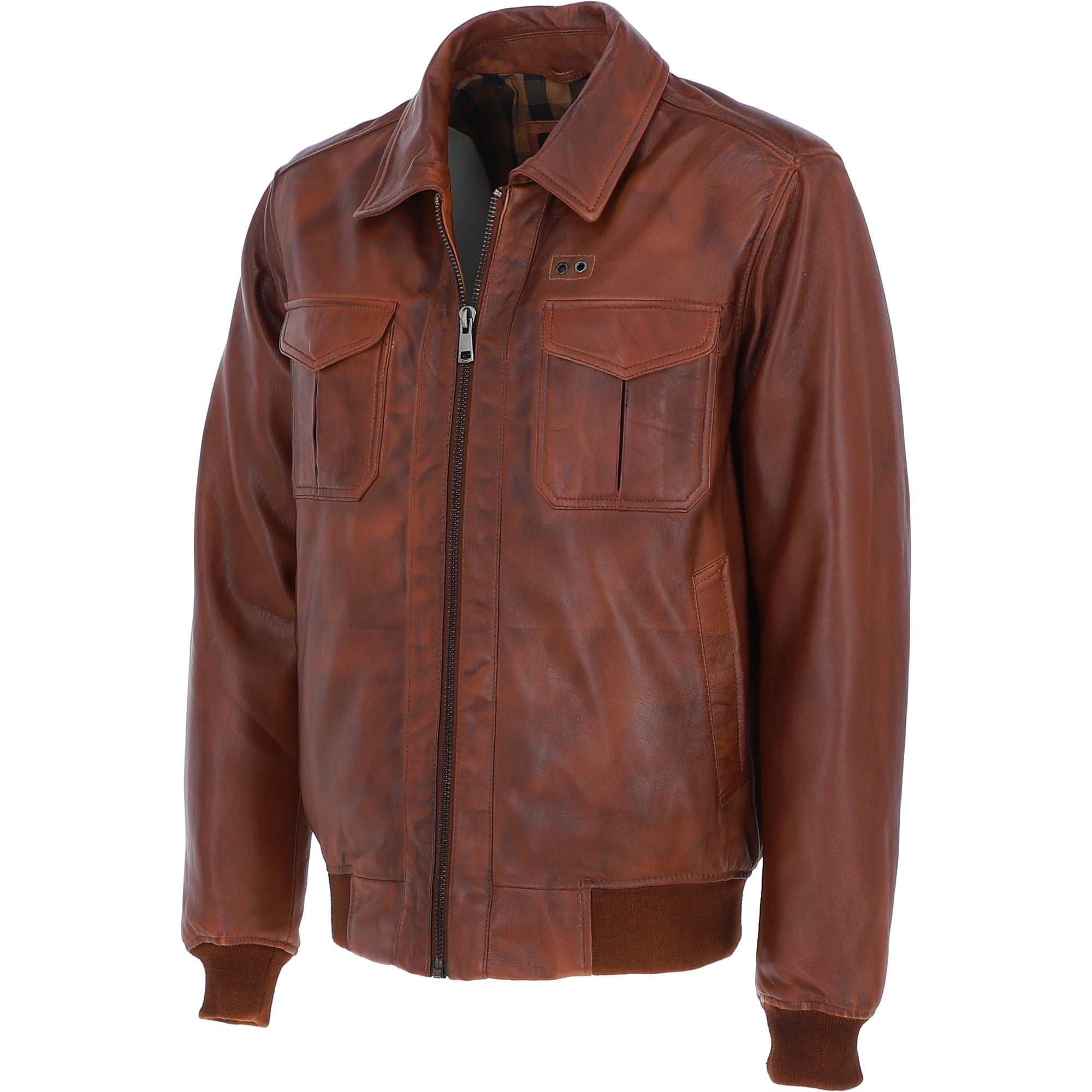 Men's Real Leather Bomber Jacket with Brando Collar Tan: AWM-Pointer