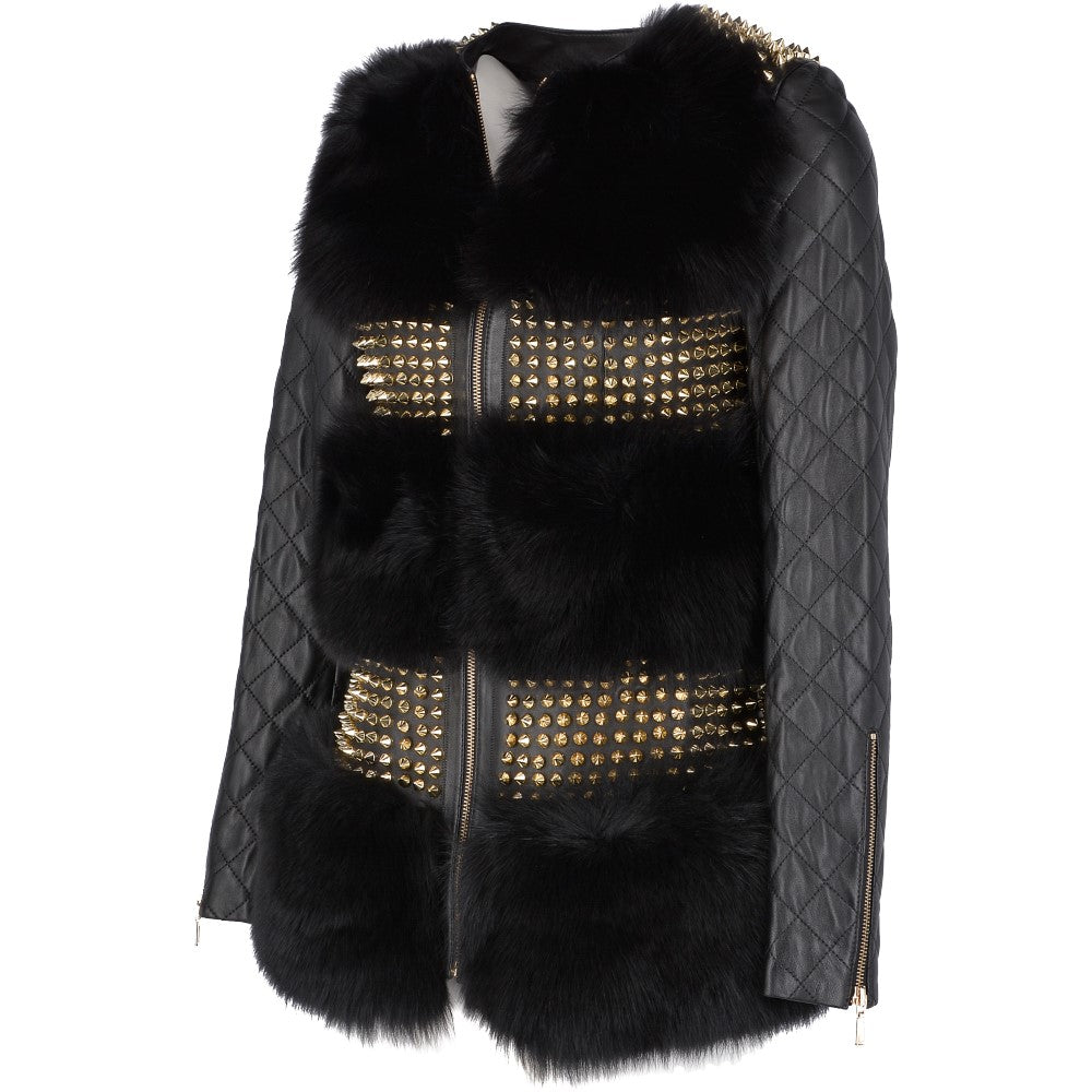 Mongolian Style Gold Studded Leather And Long Haired Fur Trim Coat Black: 9034-T4