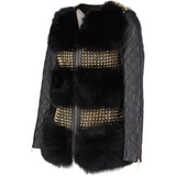 Mongolian Style Gold Studded Leather And Long Haired Fur Trim Coat Black: 9034-T4