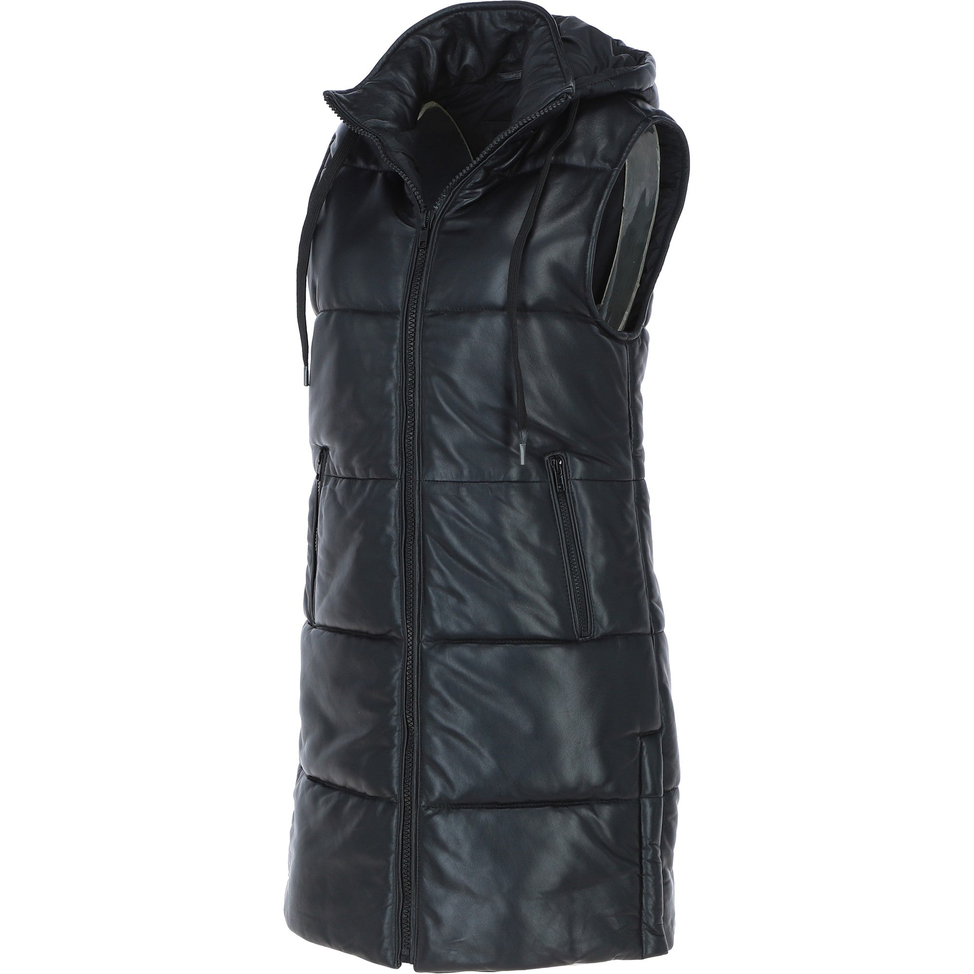 Ashwood Leather Long Gilet with Detachable Hood Black: Gillet Long
