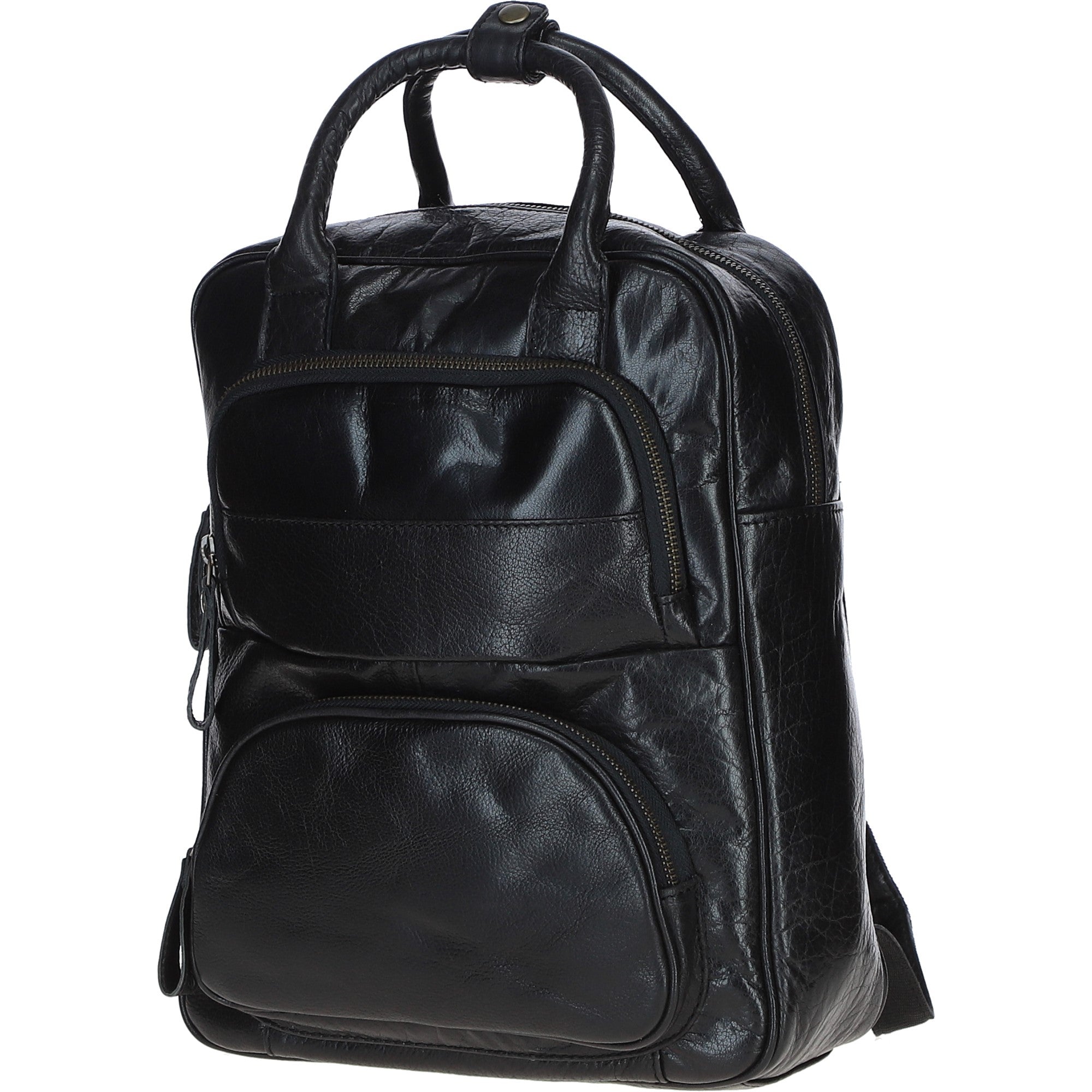 Compact Leather Backpack with Front Zip Pockets Black: TL-006