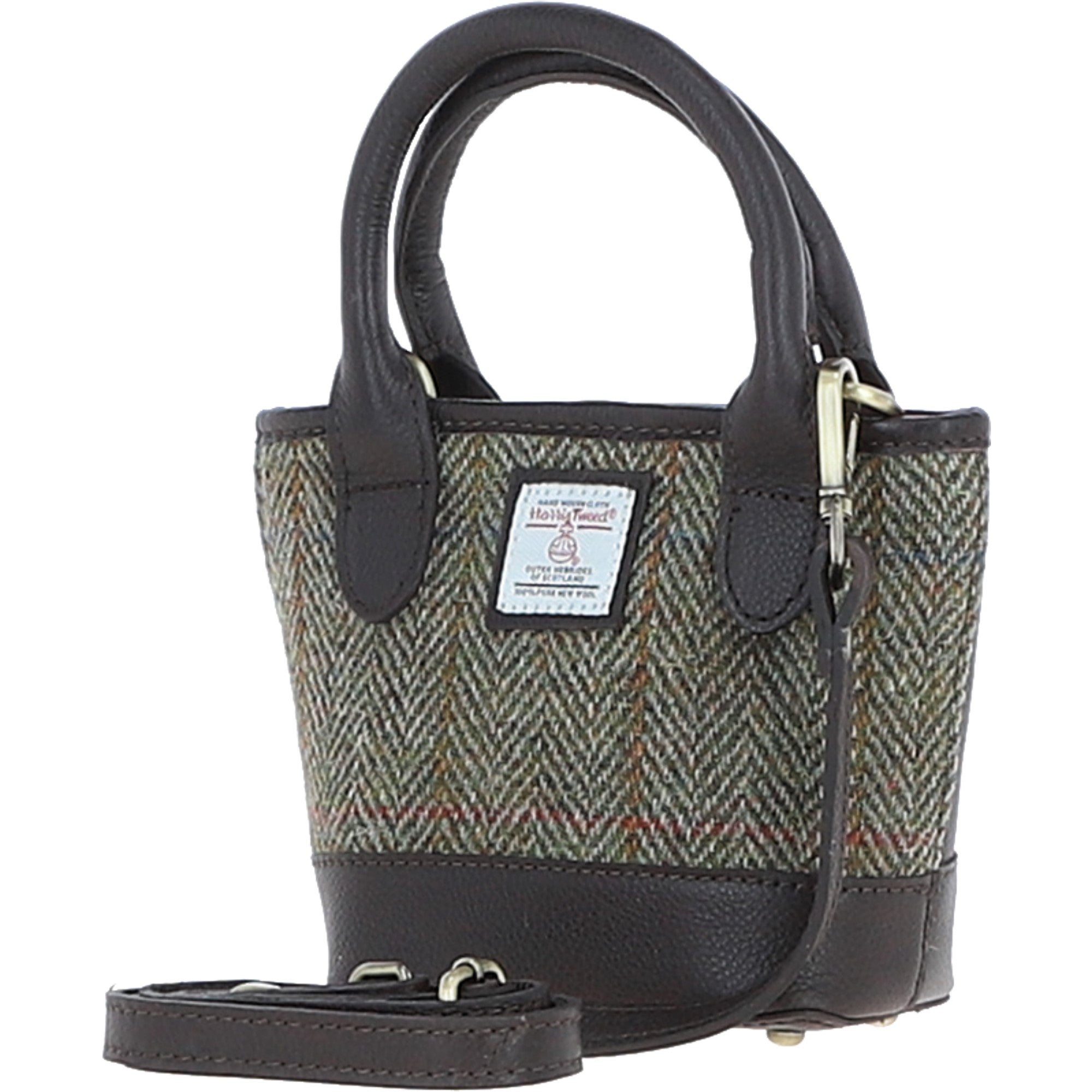 Ashwood Leather & Harris Tweed® Cloth Small Grab Bag Brown/Green: TW-63-09-BG