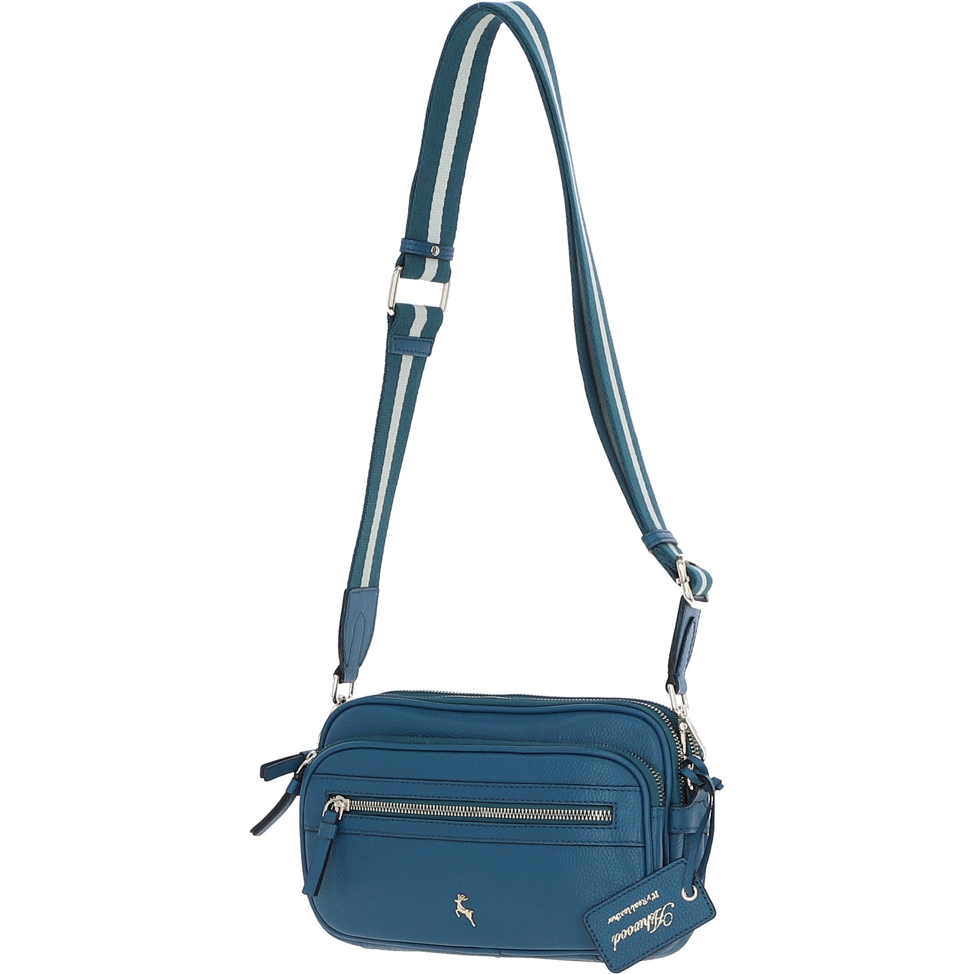 Compact Twin Zip Ashwood Leather Crossbody Bag Teal: X-35