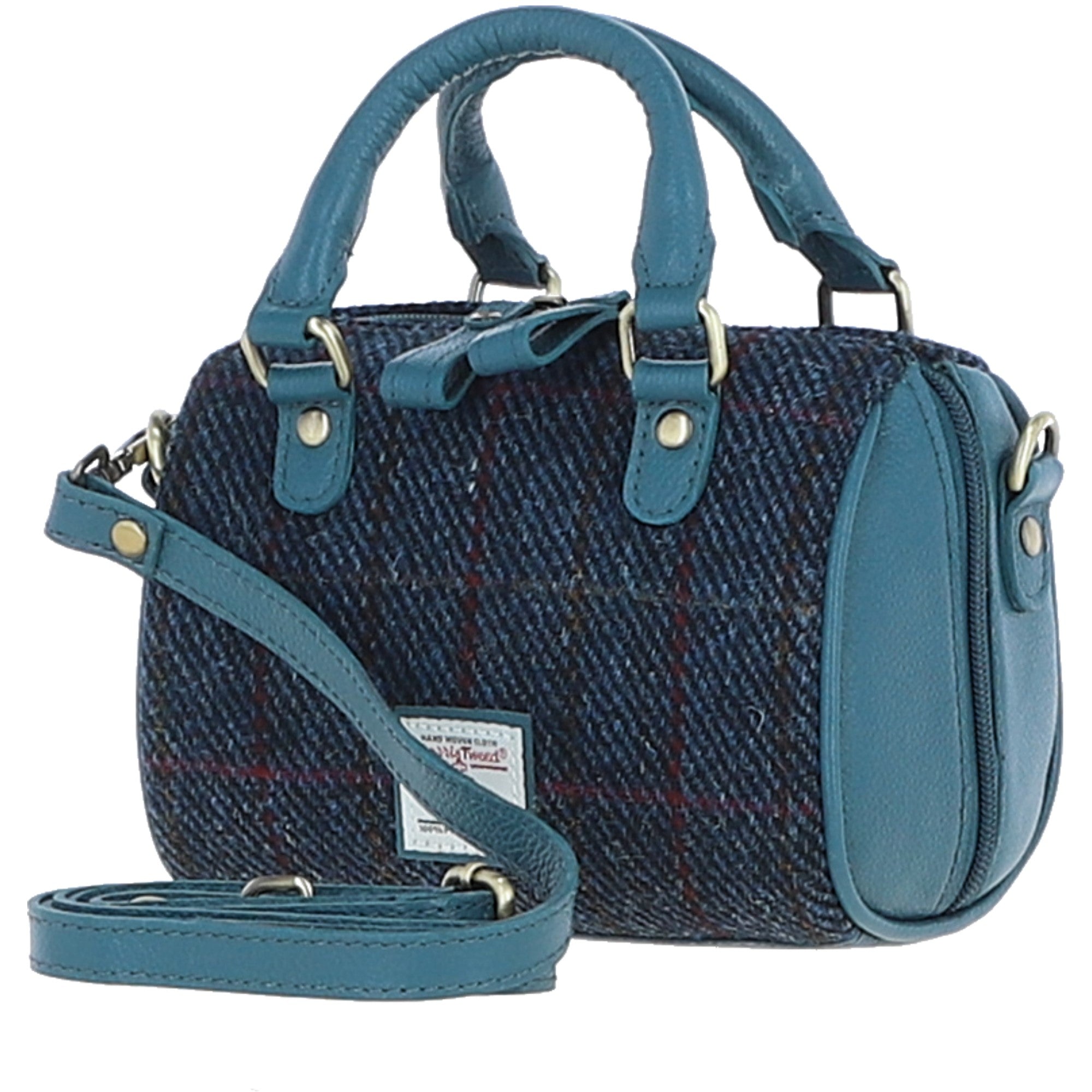 Ashwood Leather & Harris Tweed® Cloth Small Barrel Bag Teal/Navy: TW-61-16-TN