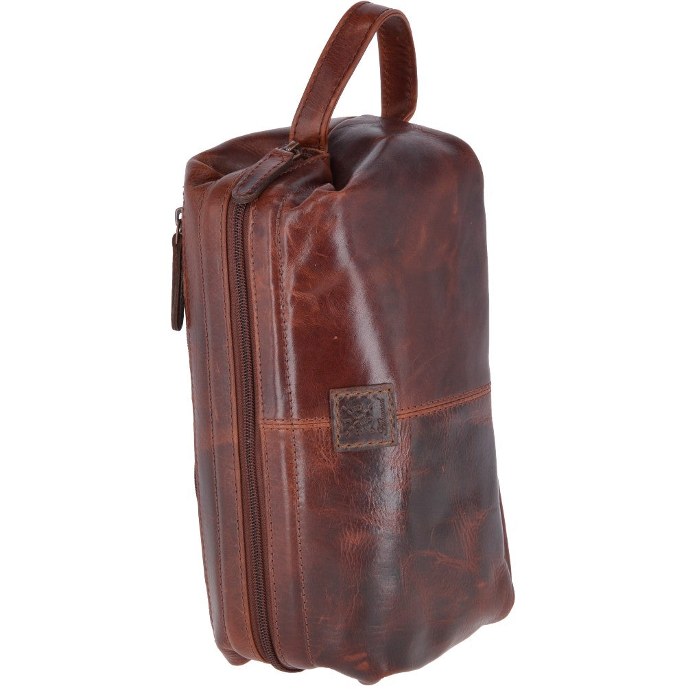 Vintage Leather Luxury Wash Bag With Tubular Mouth Opening Tan : Seb
