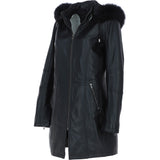 Women's Detachable Fur Hood 3/4 Leather Jacket Black: A-1947