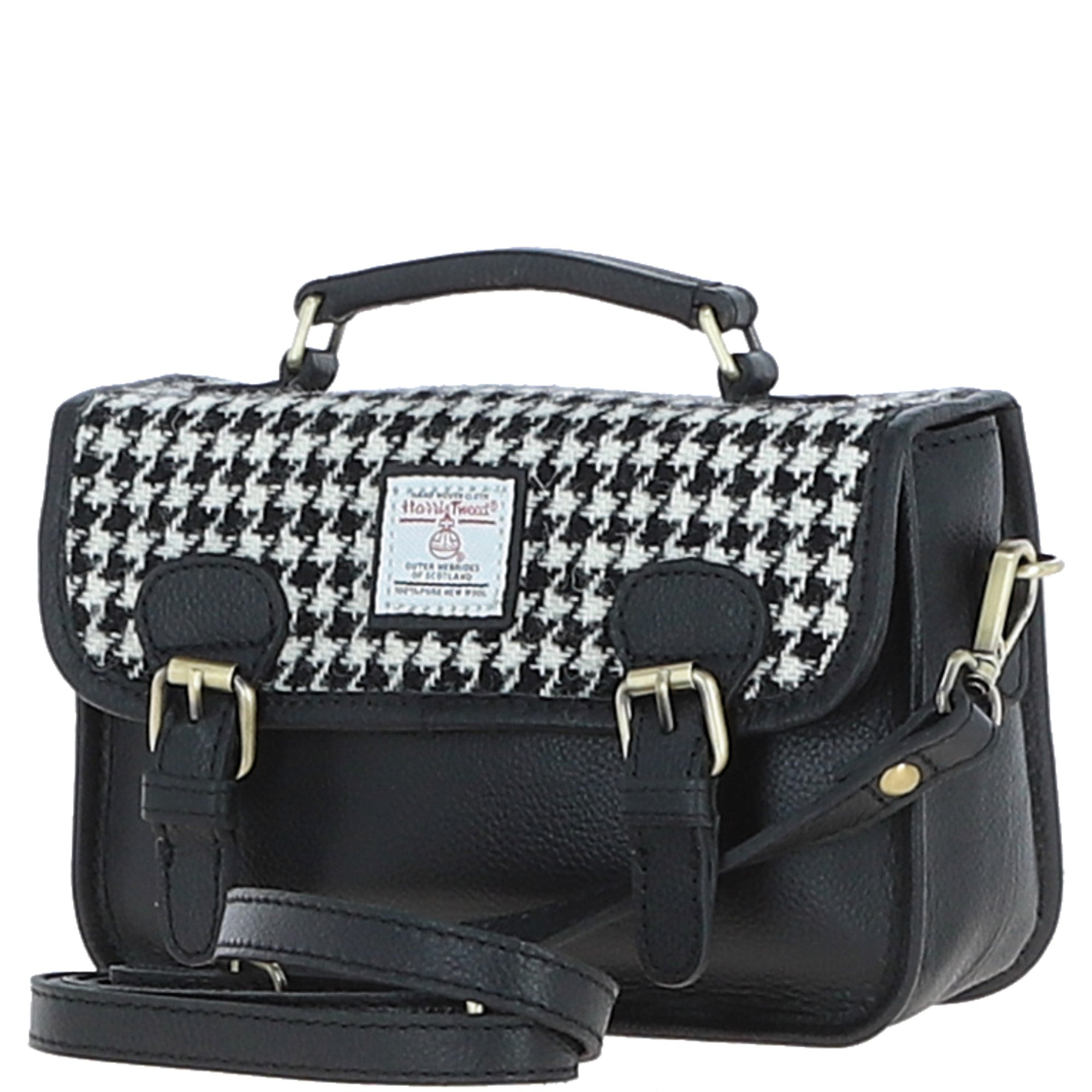 Ashwood Leather & Harris Tweed® Cloth Small Satchel Bag Black/White: TW-67-12-BW