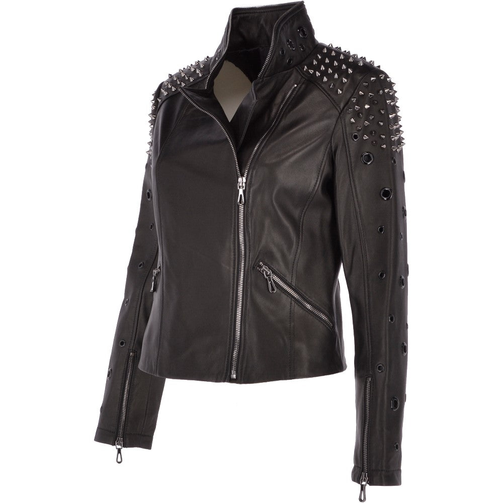 Ladies Vegetable Tanned Leather Studded Biker Jacket Black: DC 648