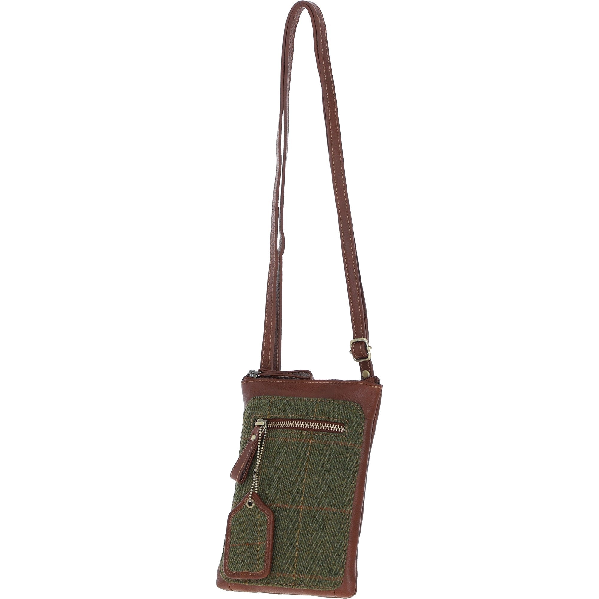 Authentic Ashwood Leather & Tweed Crossbody Bag Tan/Green Check: TW-29-010-TGNH