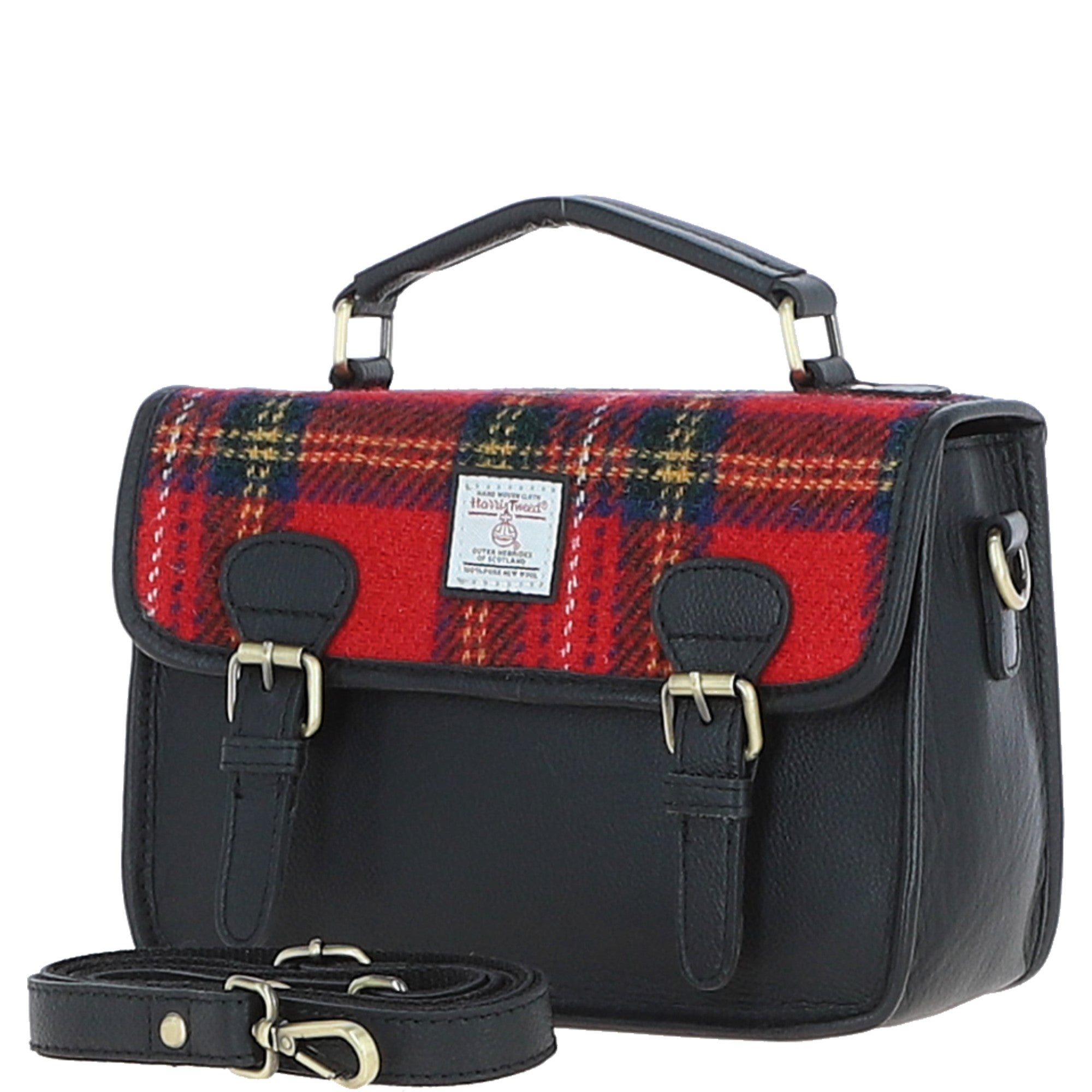 Ashwood Leather & Harris Tweed® Cloth Satchel Bag Black/Red: TW-68-14-BR
