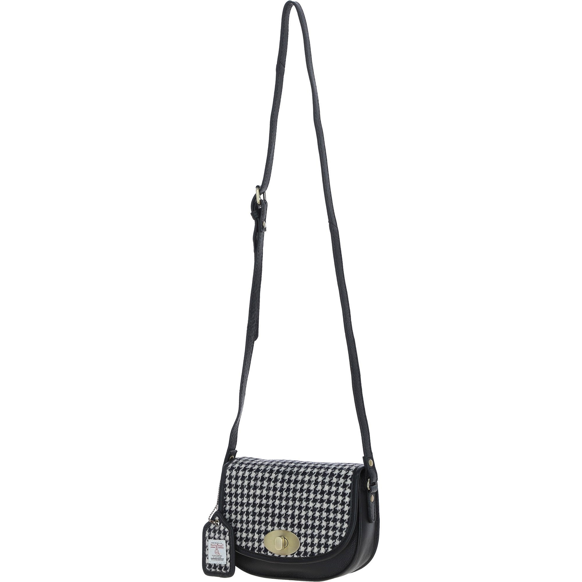 Ashwood Leather & Harris Tweed® Cloth Saddle Crossbody Bag with Twist Lock Black/White: TW-30-012-BW