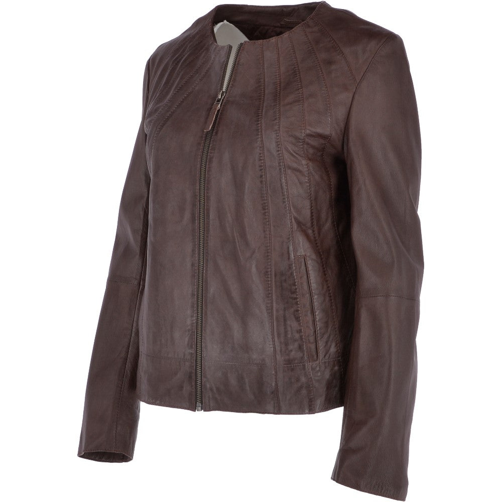Womens Collarless Leather Jacket  Mid Brown/nap: AWL-280