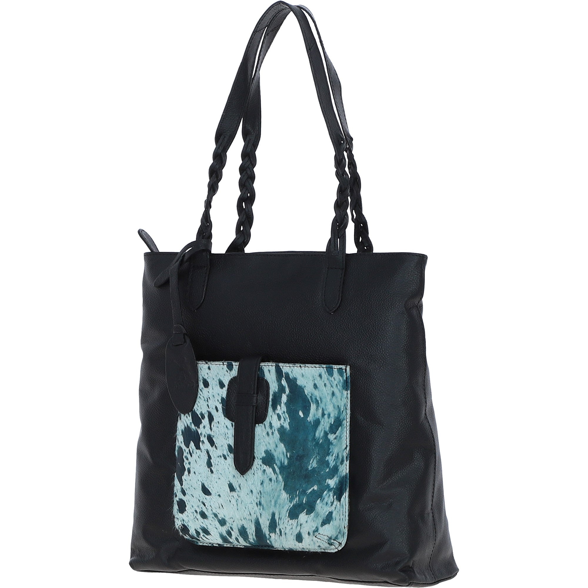 Black Leather Shoulder Bag with Pony Print Pocket: ELA 1128