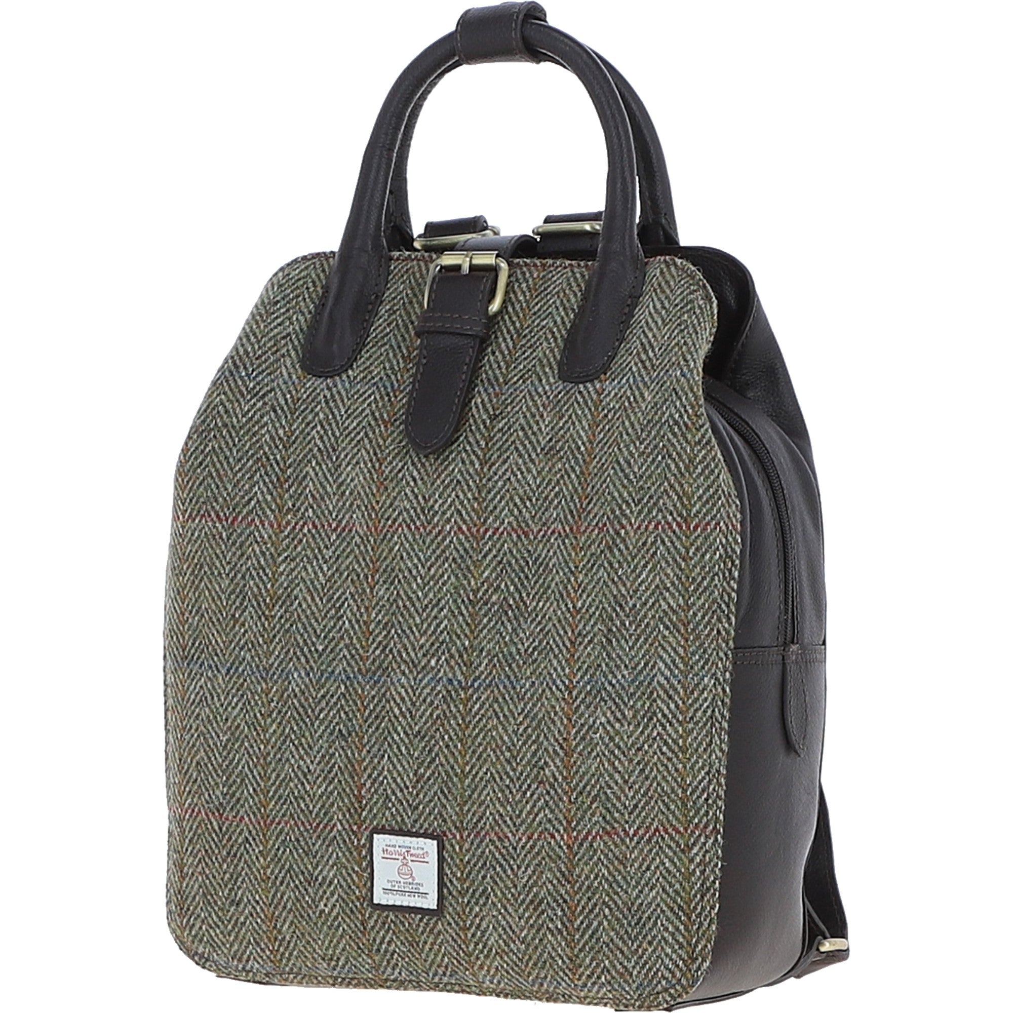 Ashwood Leather & Harris Tweed® Cloth Multi-Pocket Backpack Brown/Green: TW-66-09-BG