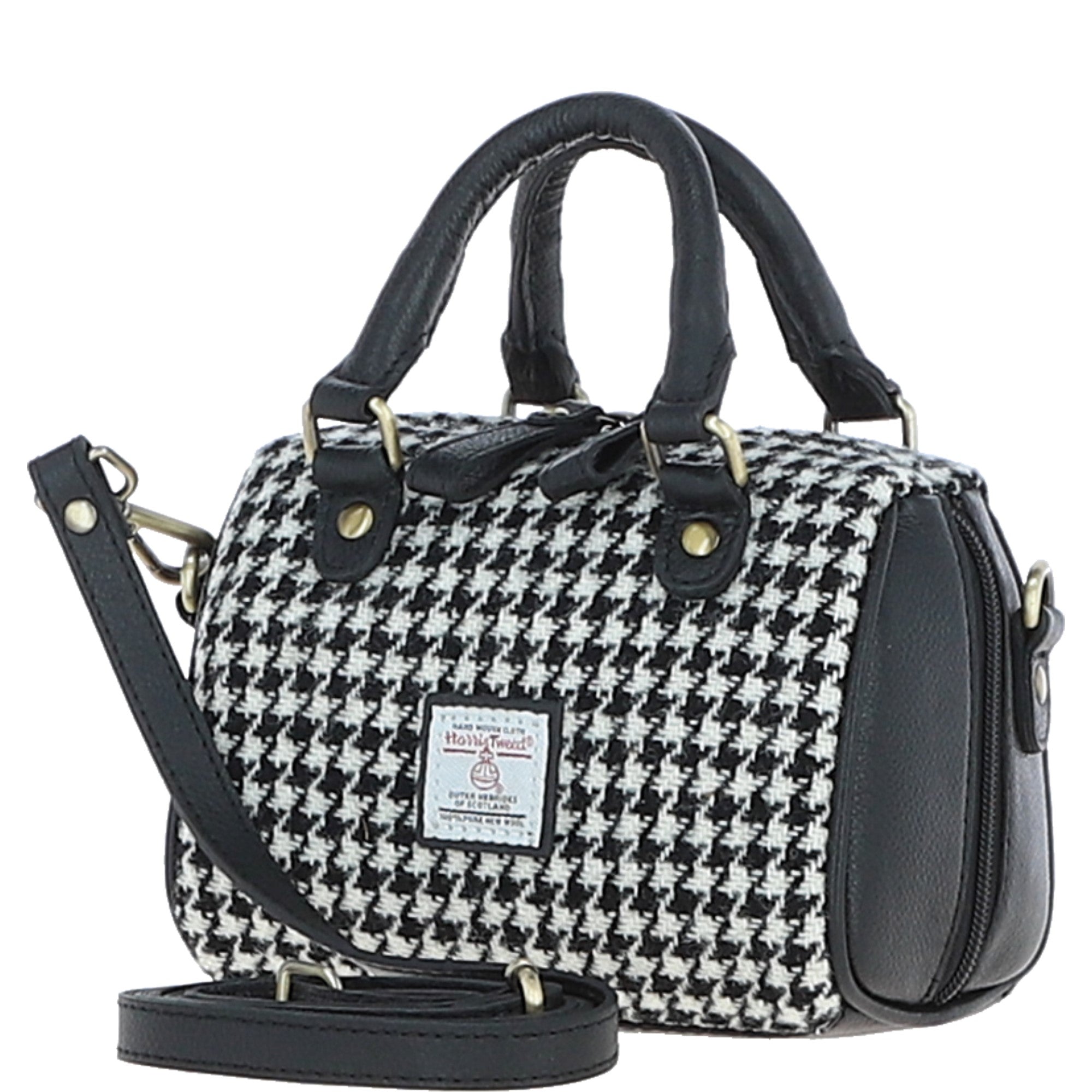 Ashwood Leather & Harris Tweed® Cloth Small Barrel Bag Black/White: TW-61-12-BW