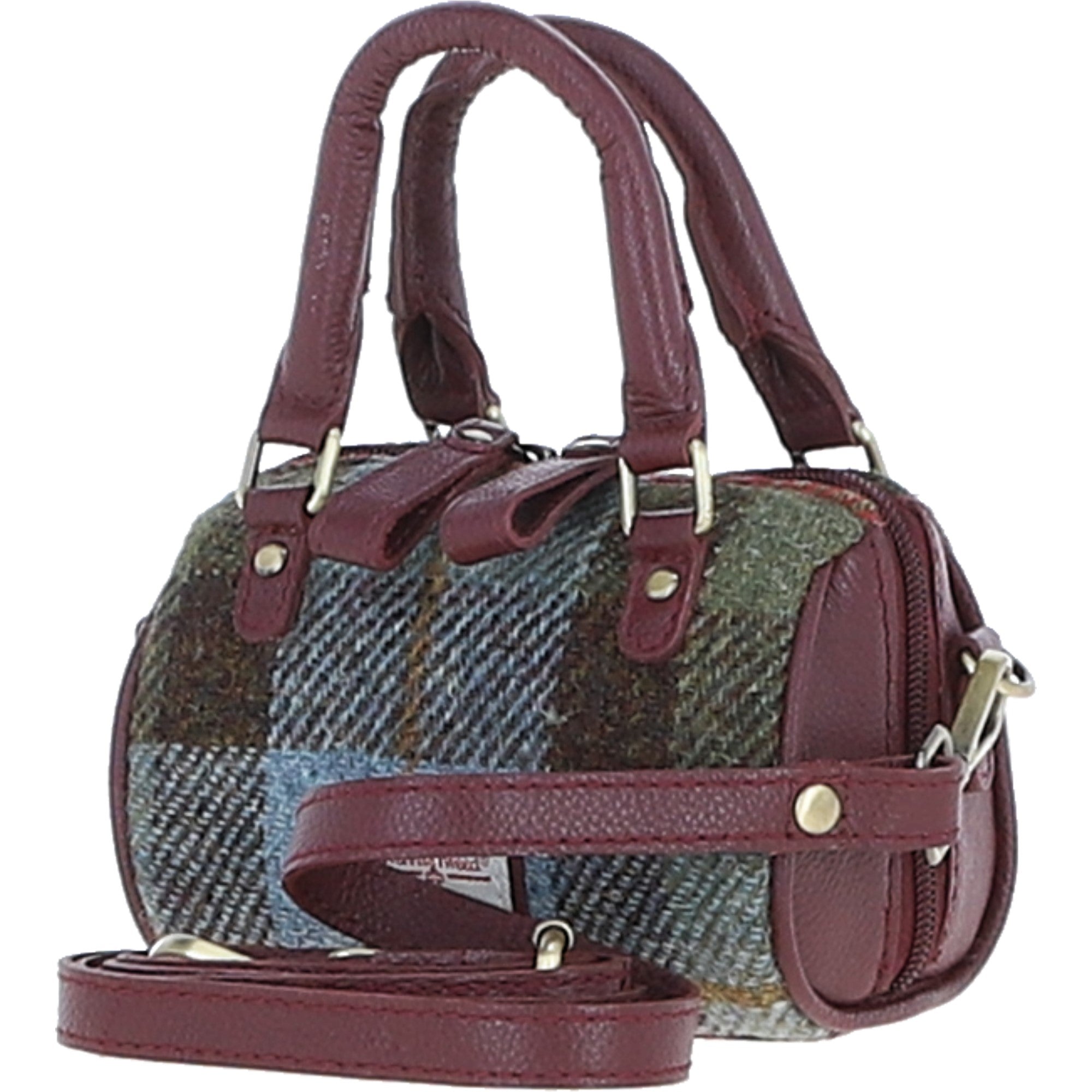 Ashwood Leather & Harris Tweed® Cloth X-Small Barrel Bag Wine/Mcload: TW-60-17-WM