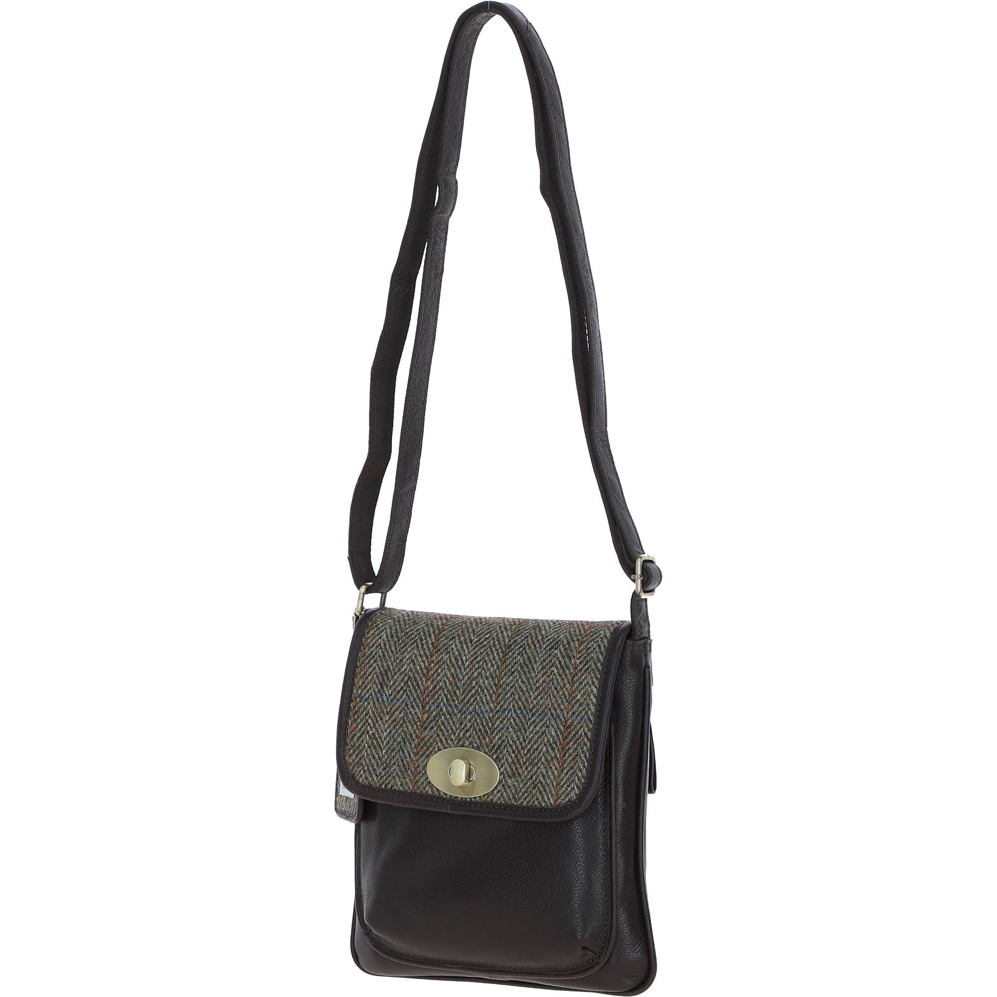Ashwood Leather & Harris Tweed® Cloth Twist Lock Crossbody Bag Brown/Green: TW-31-09-BG