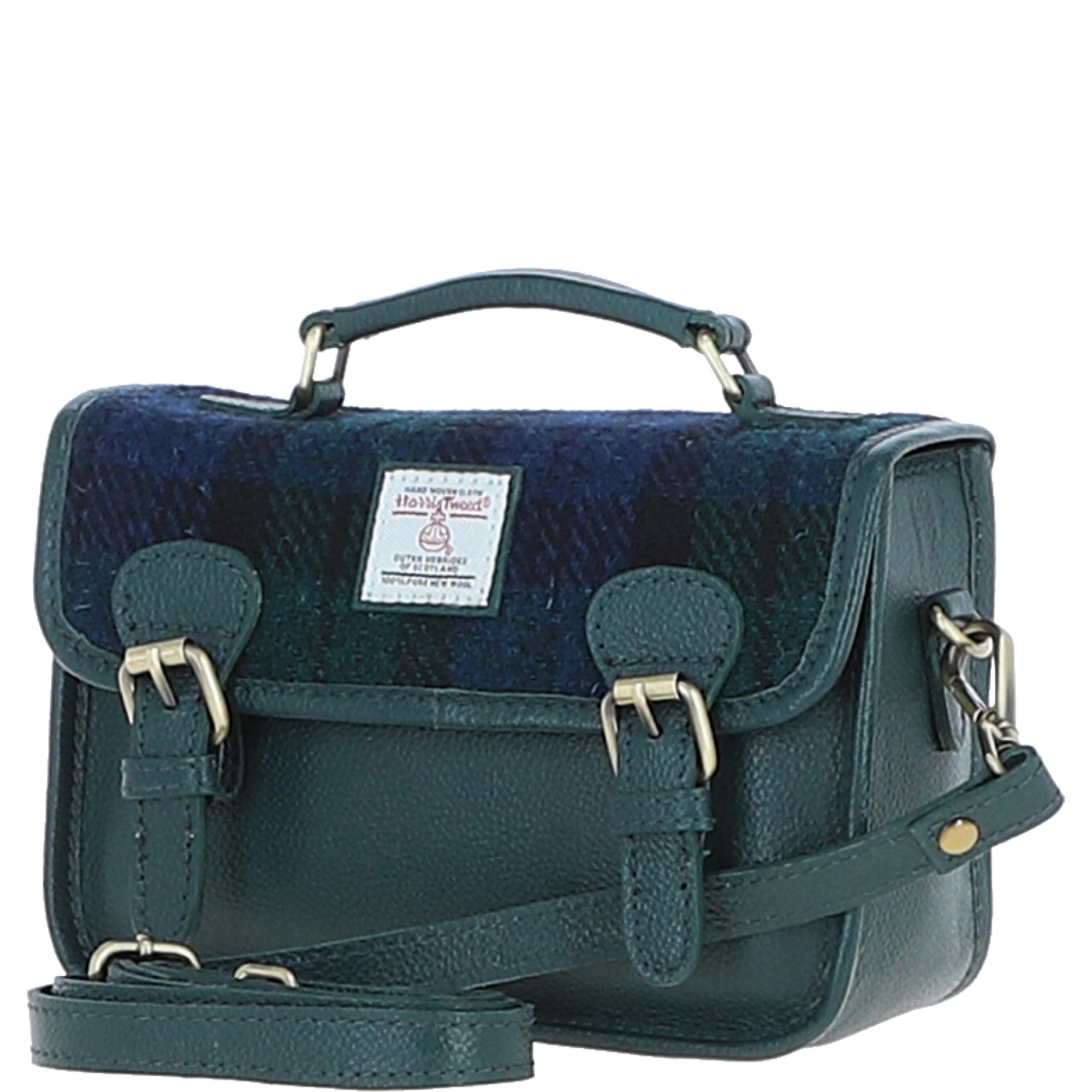 Ashwood Leather & Harris Tweed® Cloth Small Satchel Bag Green/Watch: TW-67-18-GW