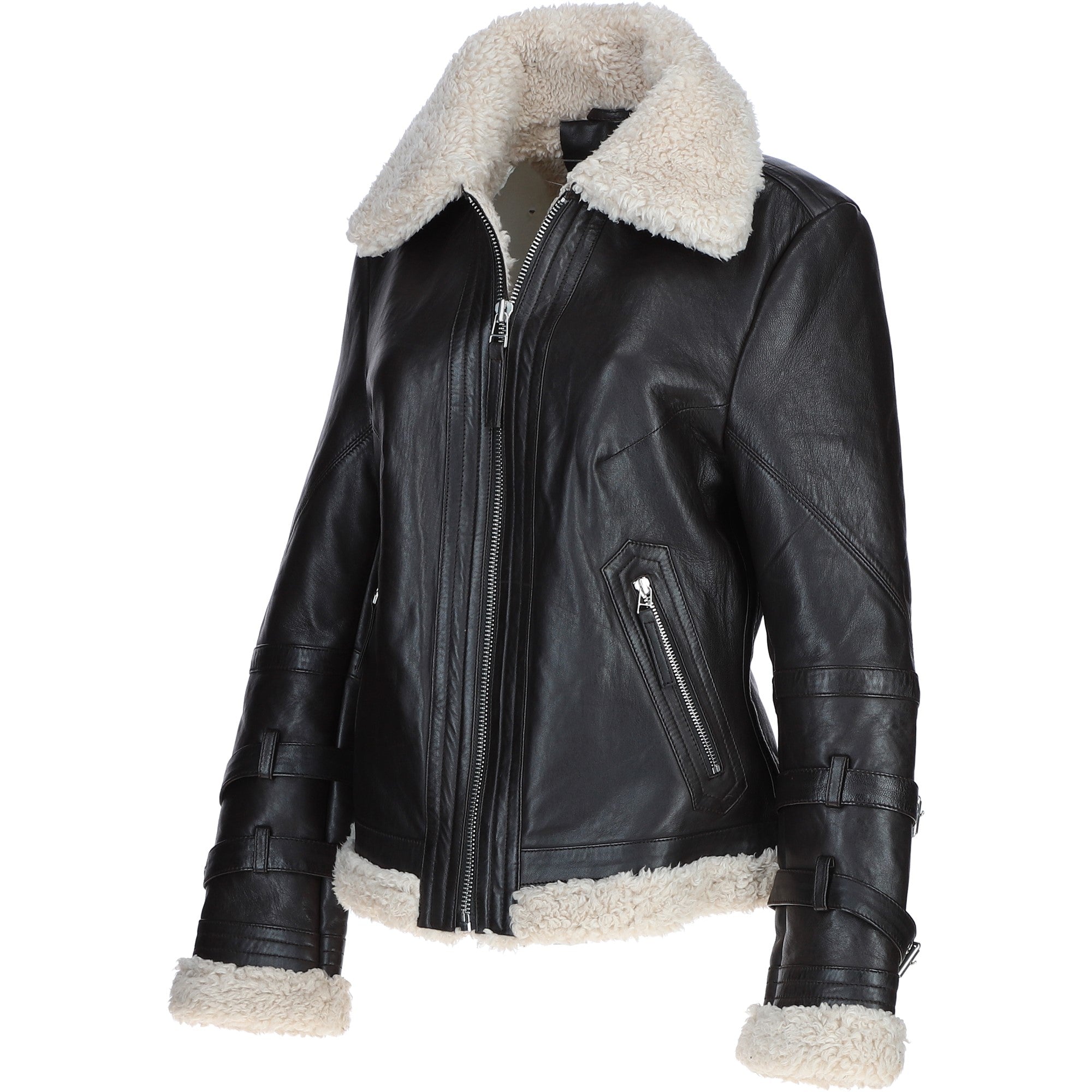 Ladies Sheepskin Aviator Jacket with Faux Fur Lining Brown: 2419