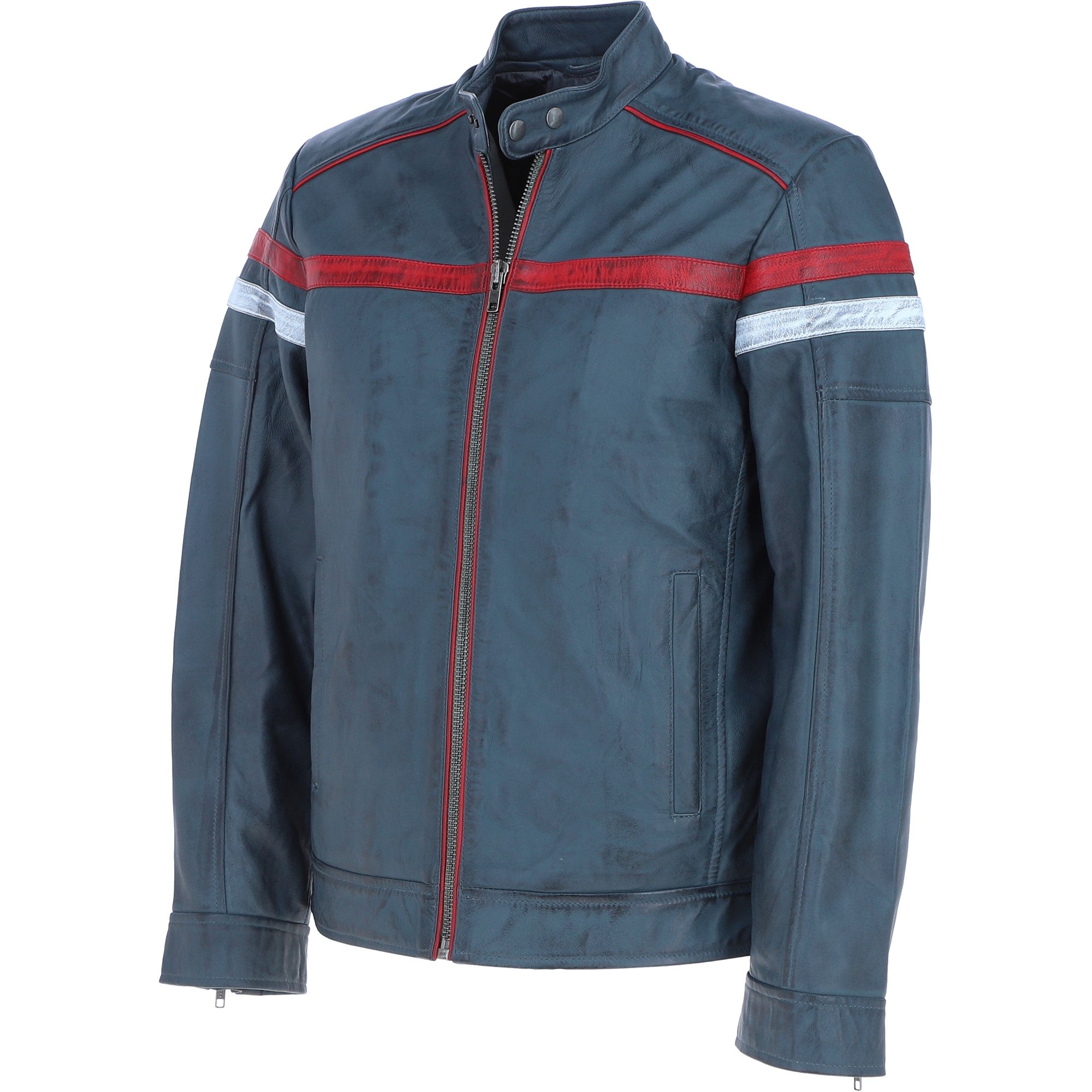 Ashwood Men's Leather Biker Jacket with Red Stripe Grey: AWM-BOXER