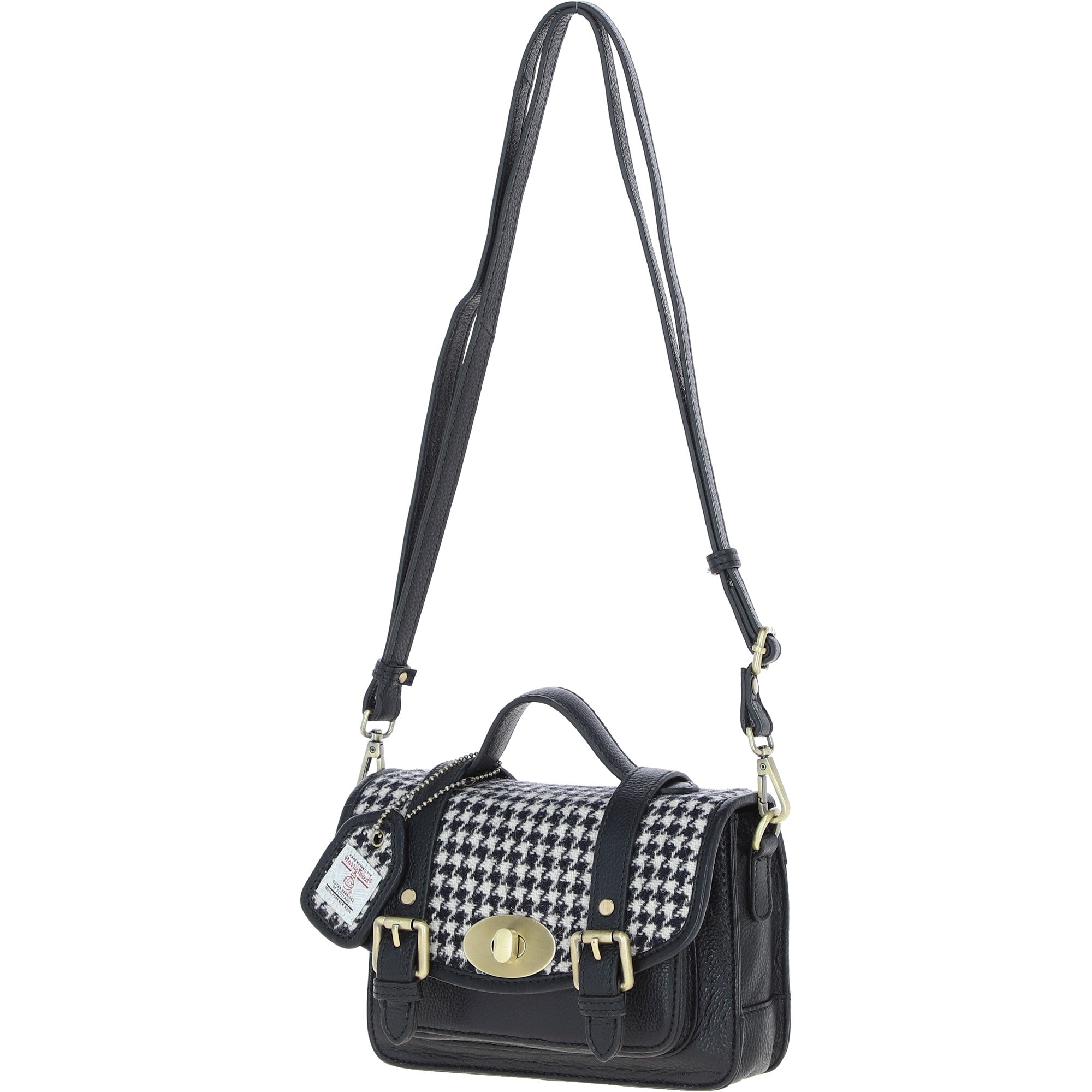 Ashwood Leather & Harris Tweed® Cloth Small Satchel Bag with Twist Lock Black/White: TW-33-012-BW