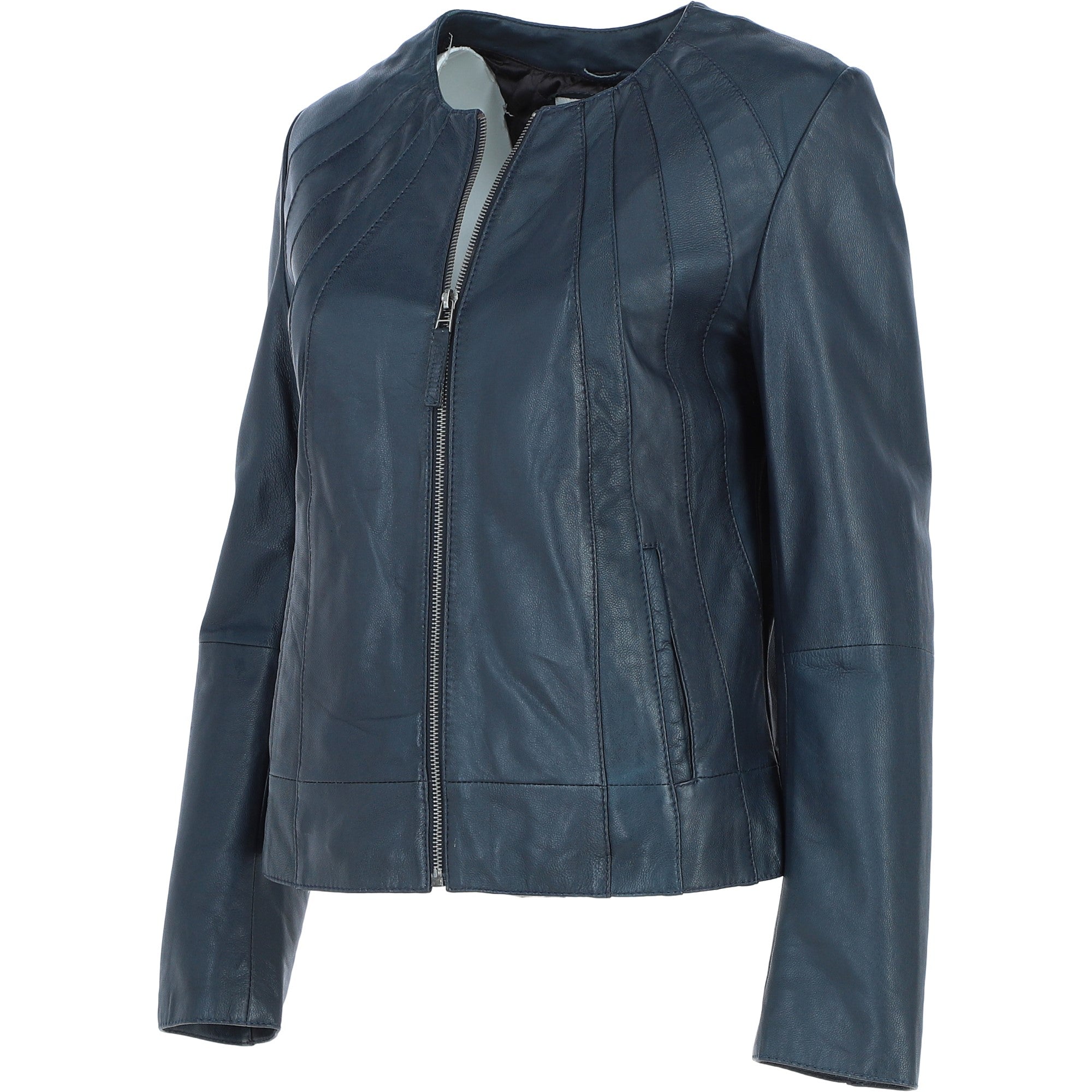 Womens Collarless Leather Jacket Navy/nap: AWL-280