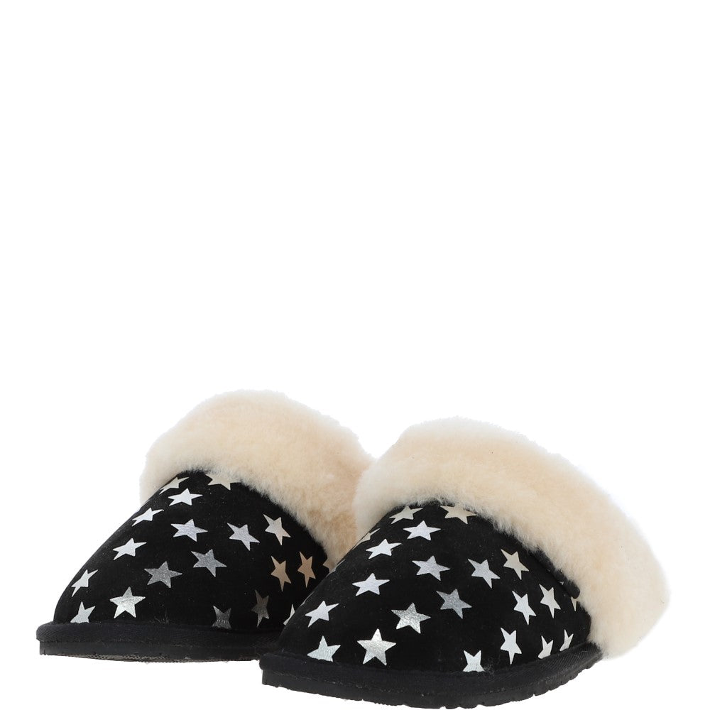 Women's Classic  Suede Sheepskin Slippers Black/Silver: FEN-LADIES SLIPPERS