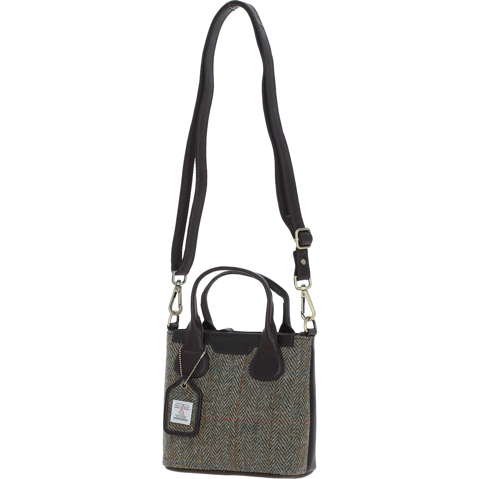 Ashwood Leather & Harris Tweed® Cloth Handbag with Removable Crossbody Strap Brown/Green: TW-21-09-BG