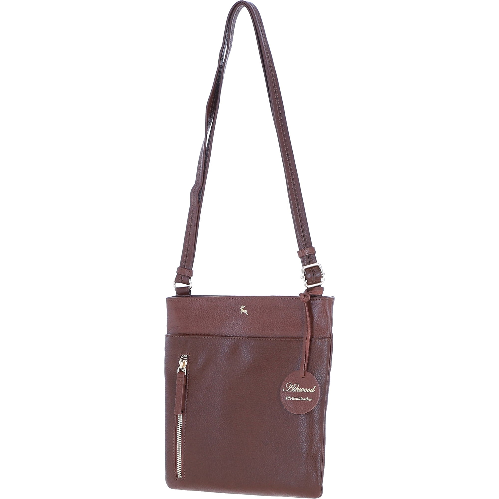 Exquisite Genuine Leather Crossbody Flat Bag with Golden Accents 2 Tone Tan: 64255