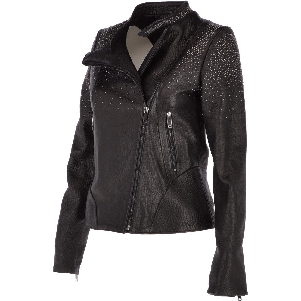 Ladies Vegetable Tanned Leather Studded Biker Jacket Black: ZB 255