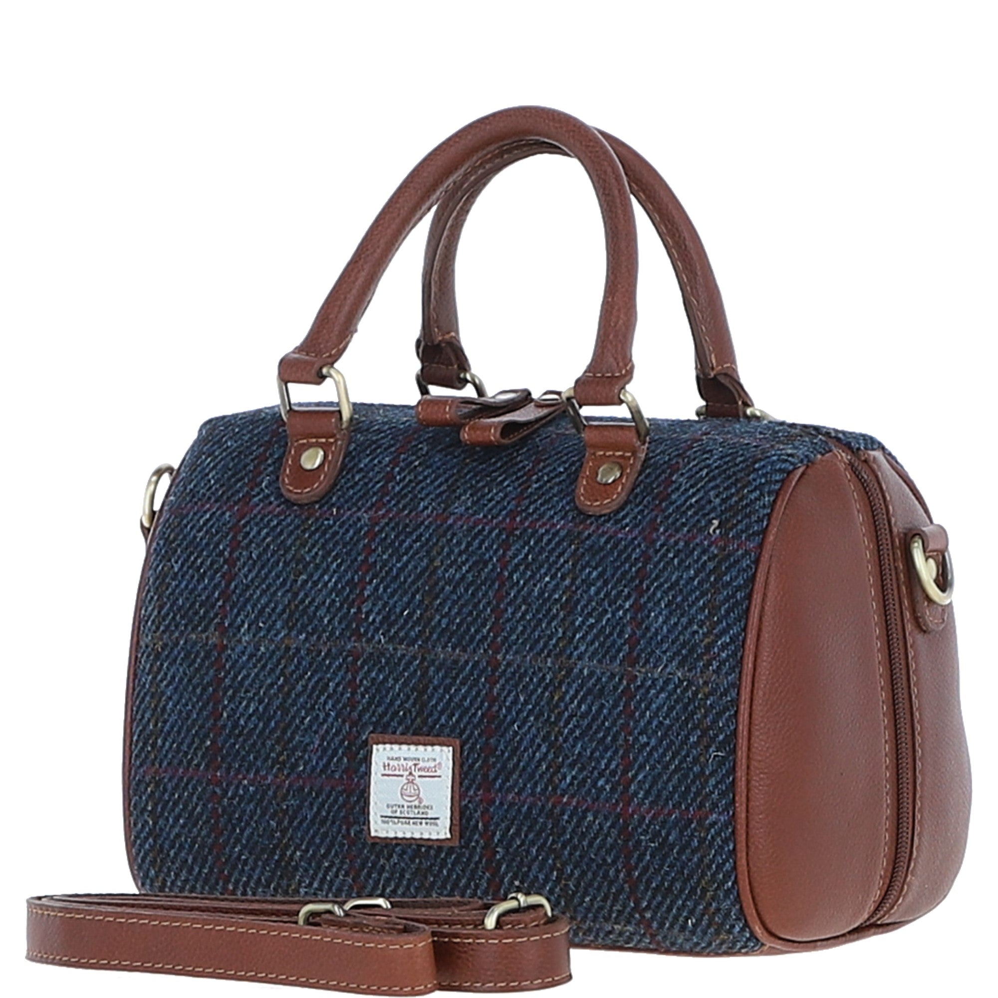 Ashwood Leather & Harris Tweed® Cloth Medium Barrel Bag Tan/Navy: TW-62-11-TN