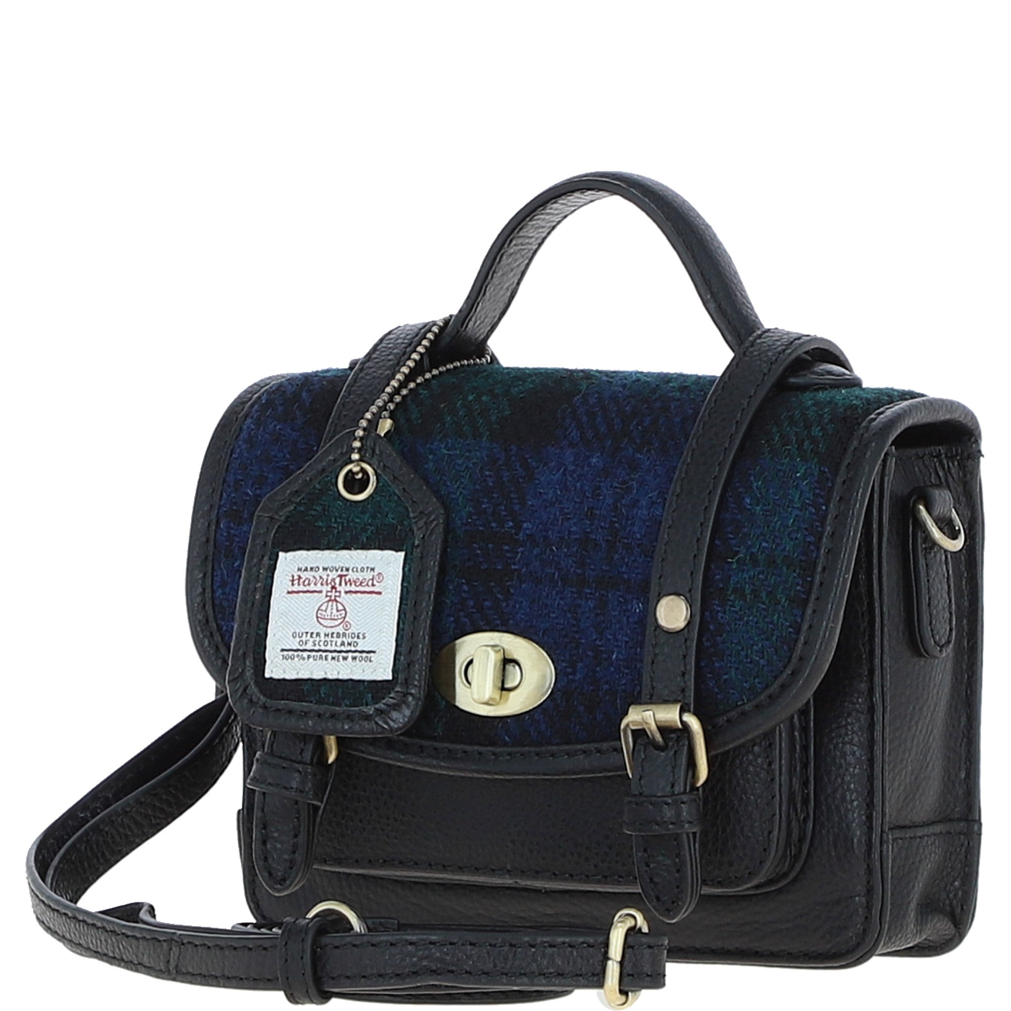 Ashwood Leather & Harris Tweed® Cloth Mini Satchel Bag with Twist Lock Black/Watch: TW-32-03-BW